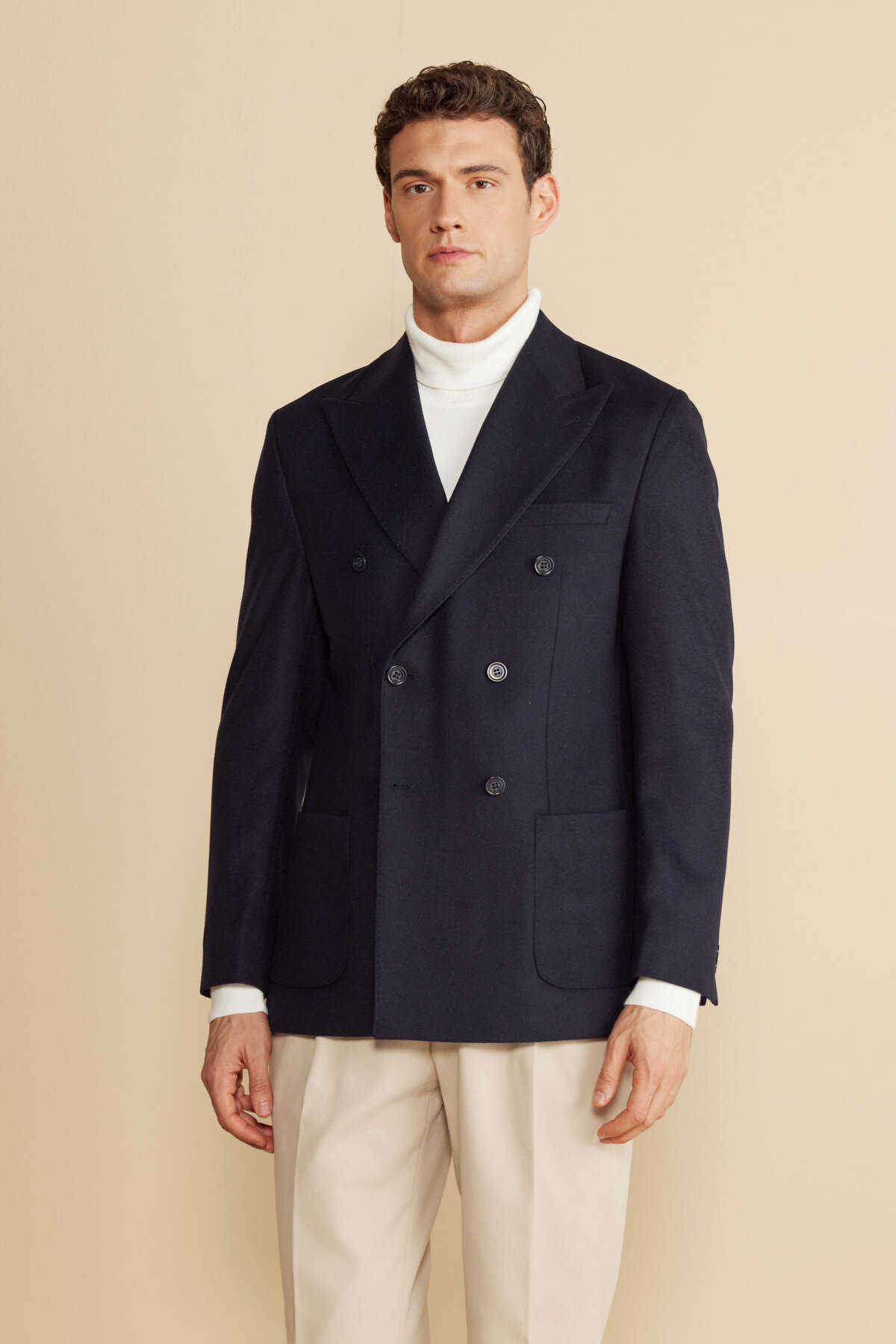 Sivri Yaka Kruvaze Torba Cep Slim Fit Kaşmir Yün Karışımlı Ceket