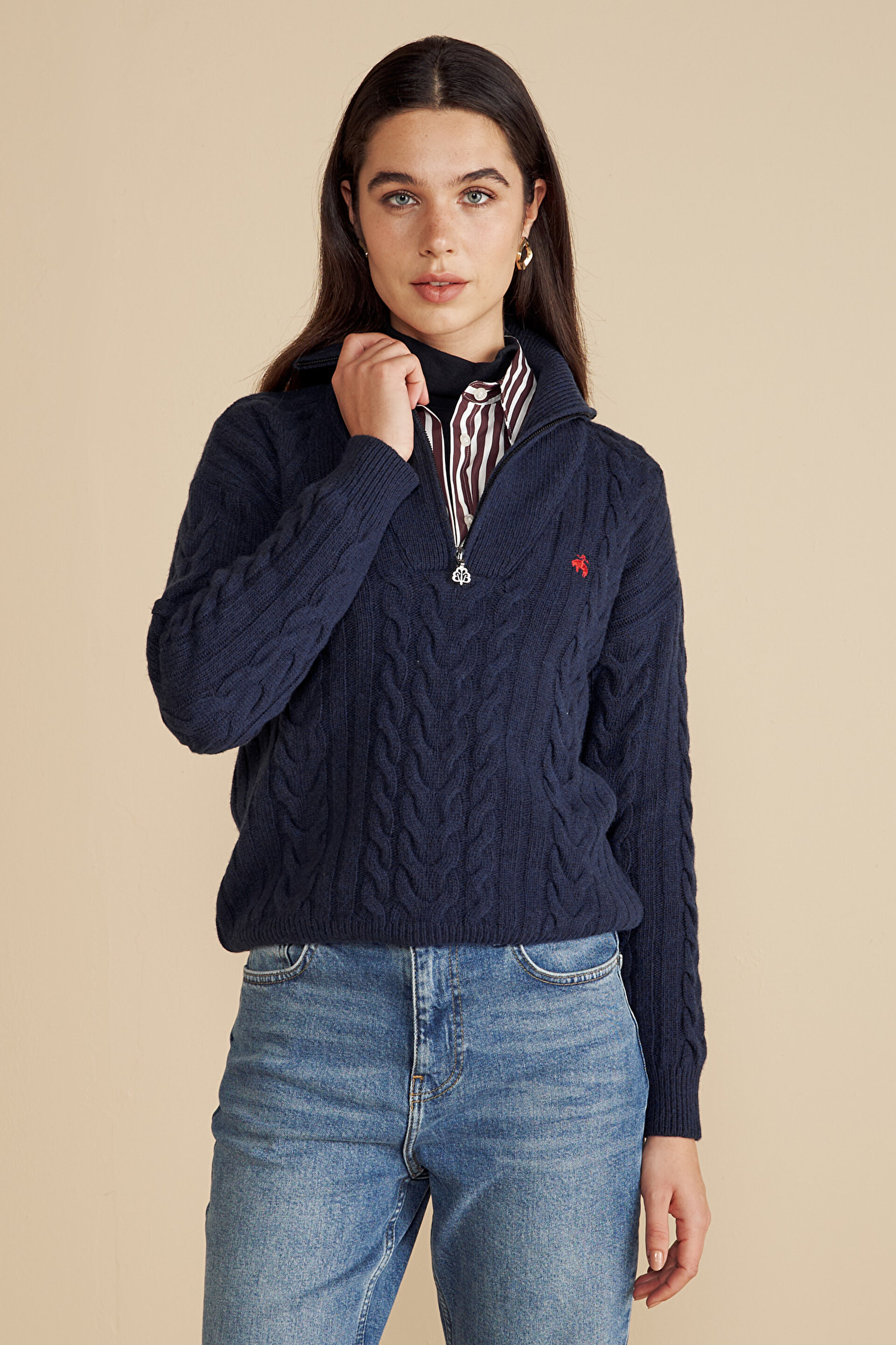 Yün Karışımlı Bato Yaka Saç Örgü Kazak BBFW25FKL027137 | Brooks