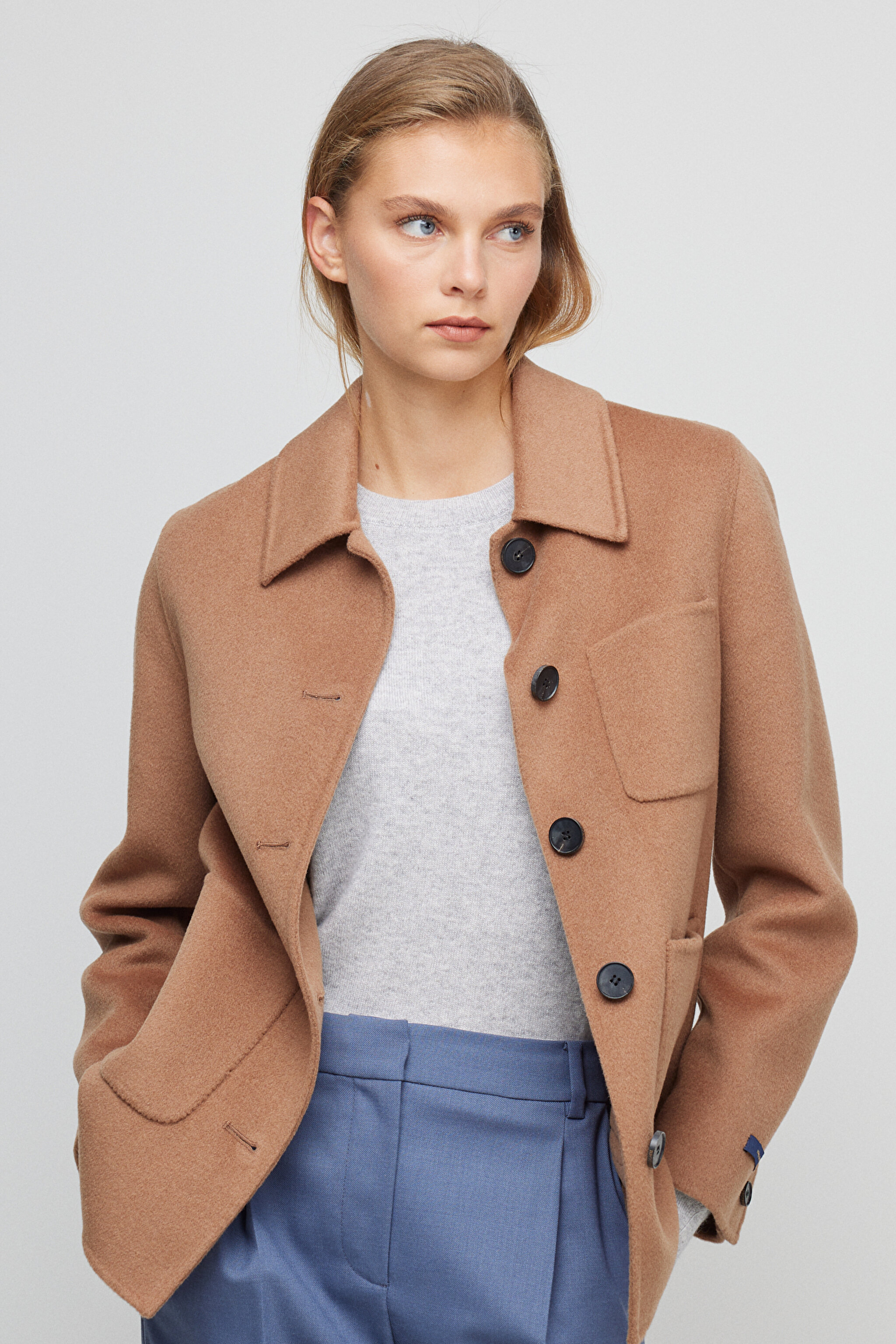Regular Fit Geniş Kesim Cepli El Yapımı Yünlü Ceket - Camel (görsel 2)