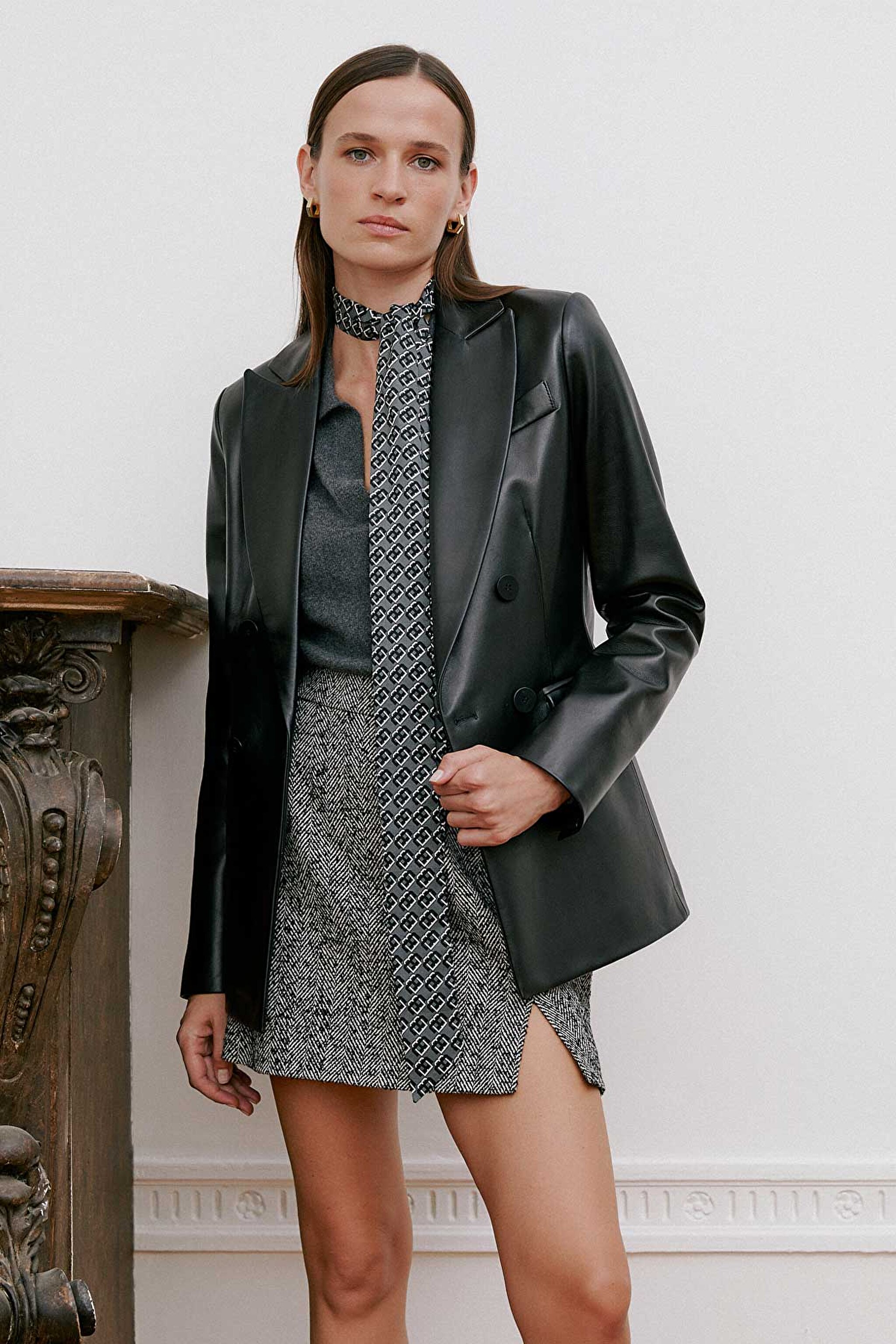 %100 Deri Cepli Blazer Ceket - Siyah