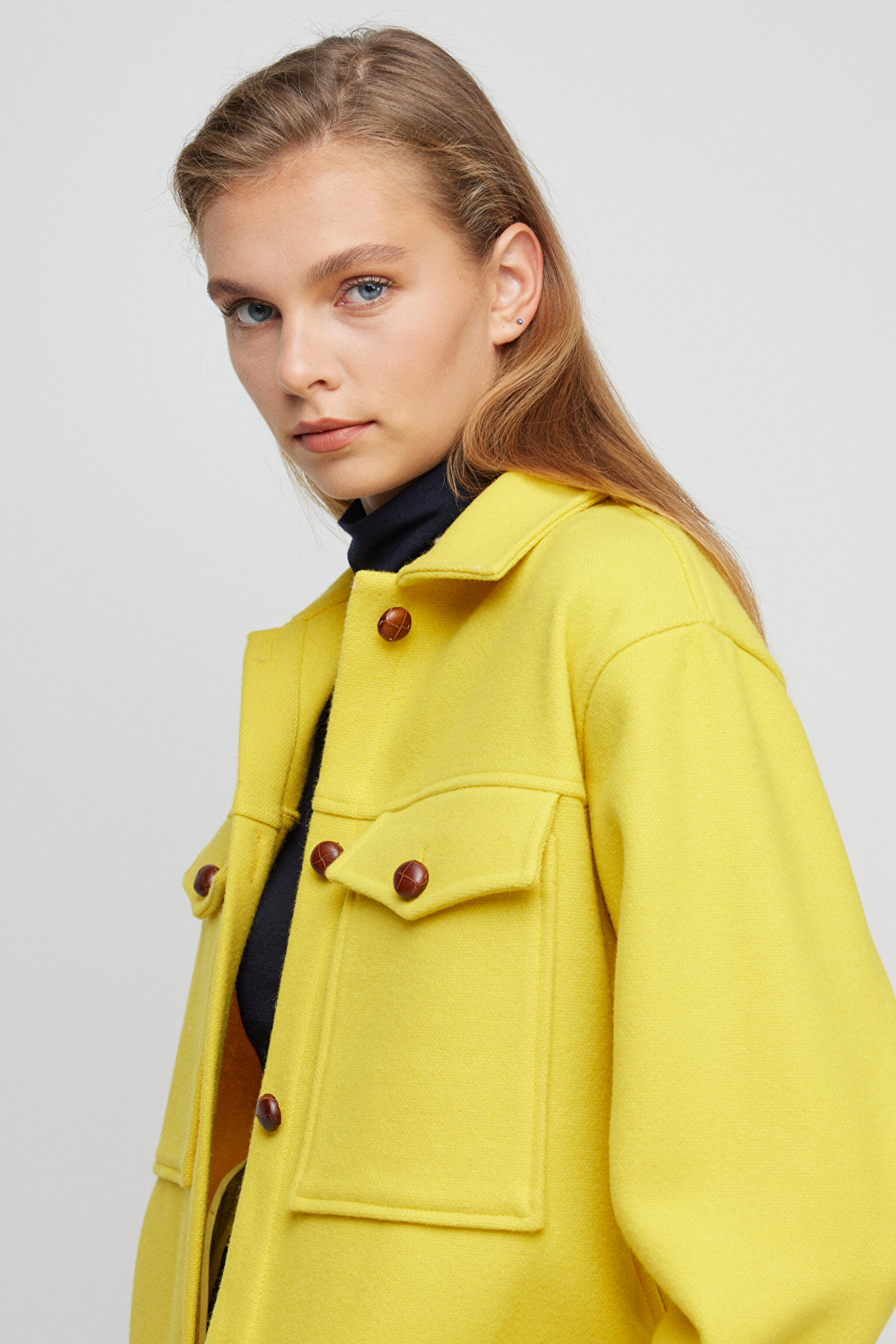 Yünlü Oversize Fit Gömlek Yaka Cepli Mont - Sarı (görsel 3)