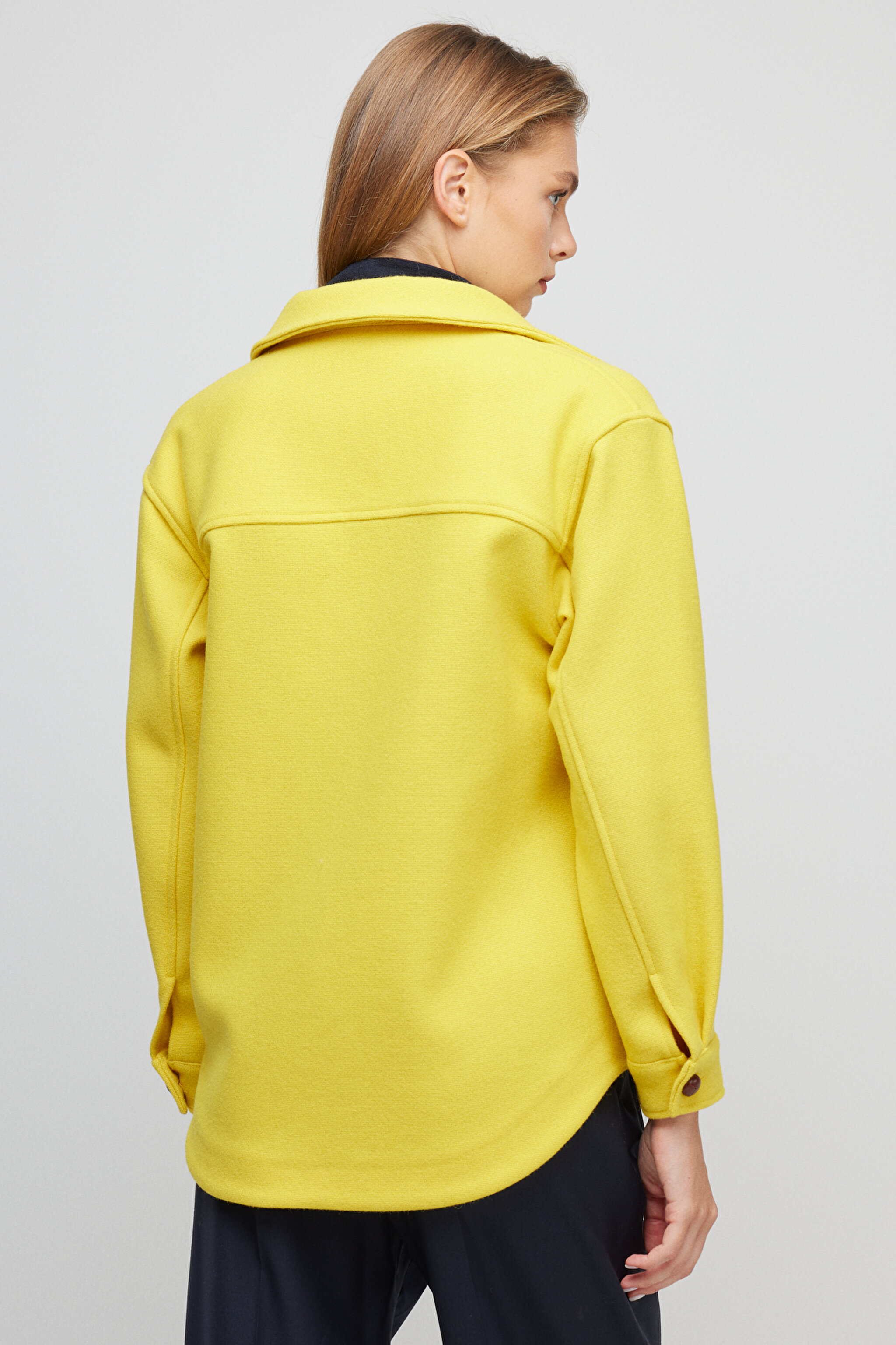 Yünlü Oversize Fit Gömlek Yaka Cepli Mont - Sarı (görsel 4)