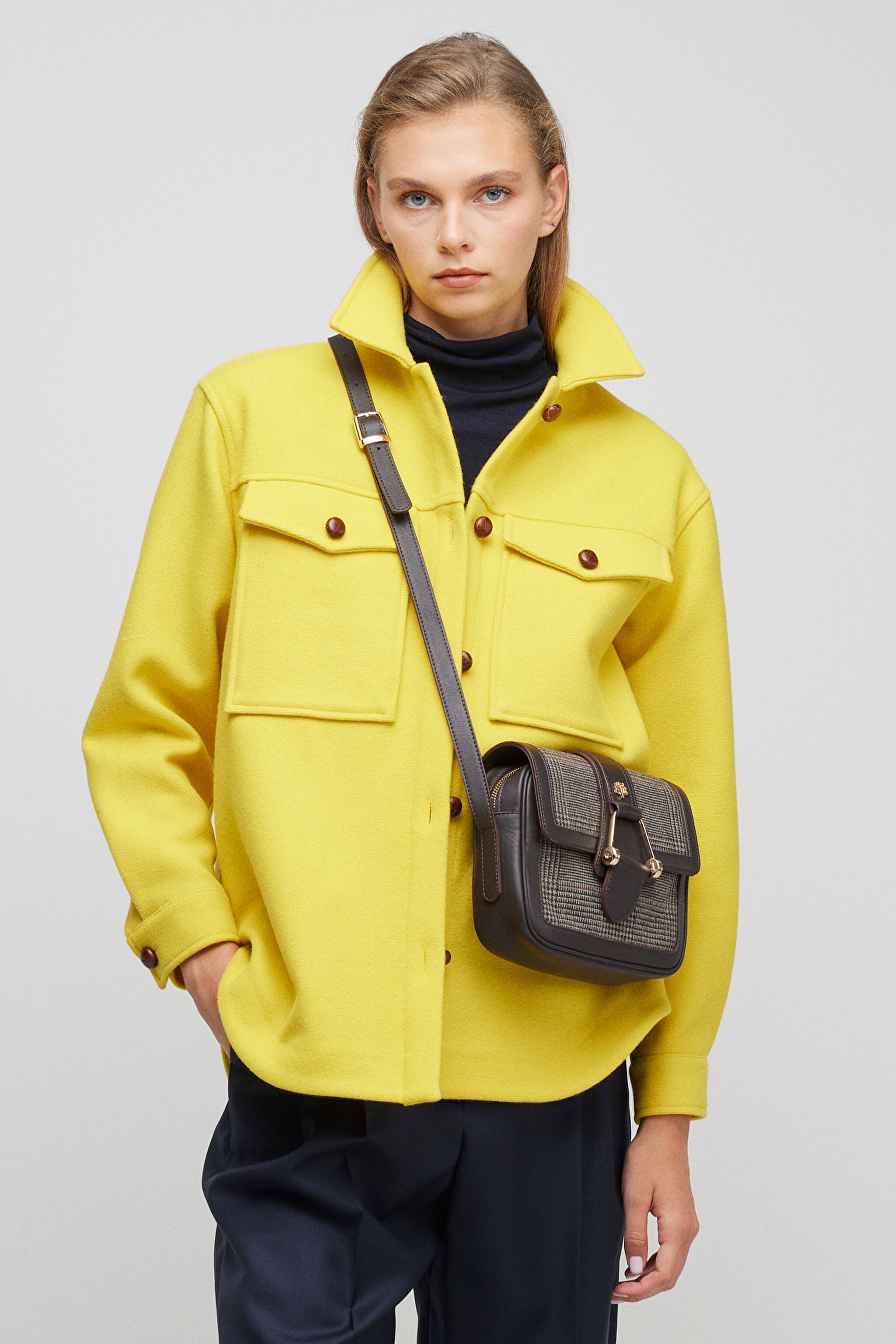 Yünlü Oversize Fit Gömlek Yaka Cepli Mont - Sarı (görsel 5)