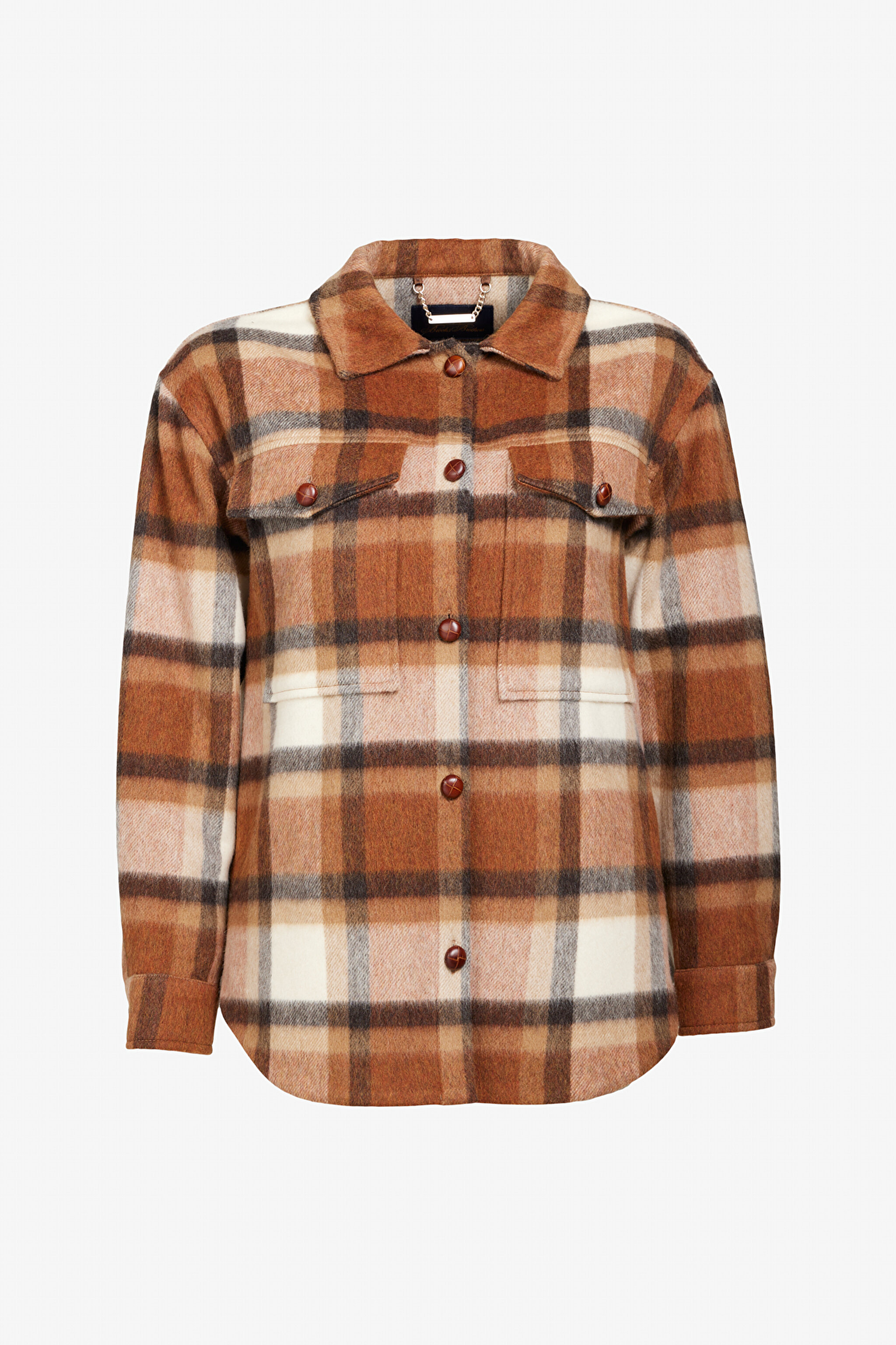 Yünlü Oversize Fit Gömlek Yaka Mont - Kahverengi-Bej (görsel 6)
