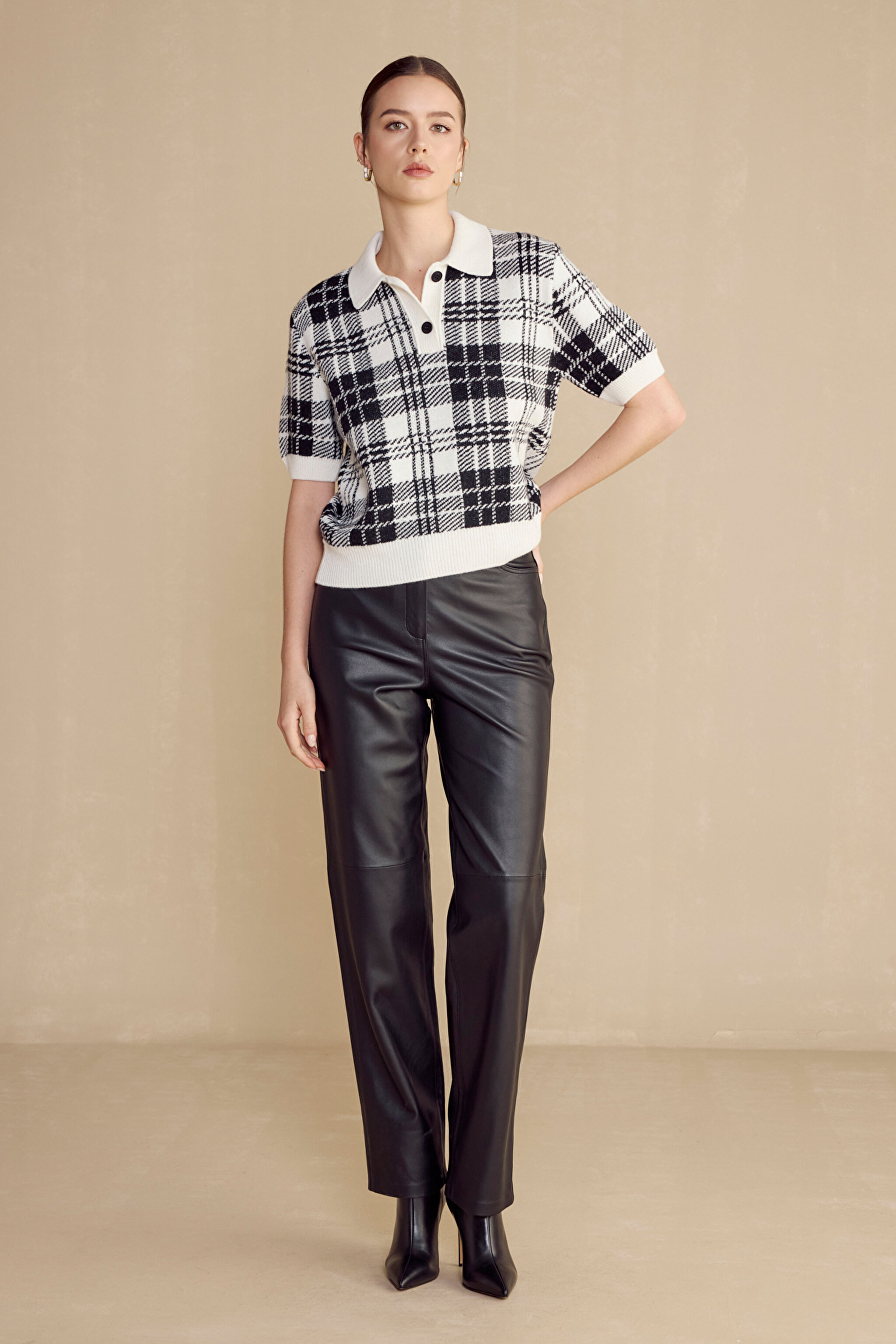 %100 Deri Boot Cut Yüksek Bel Pantolon - Siyah