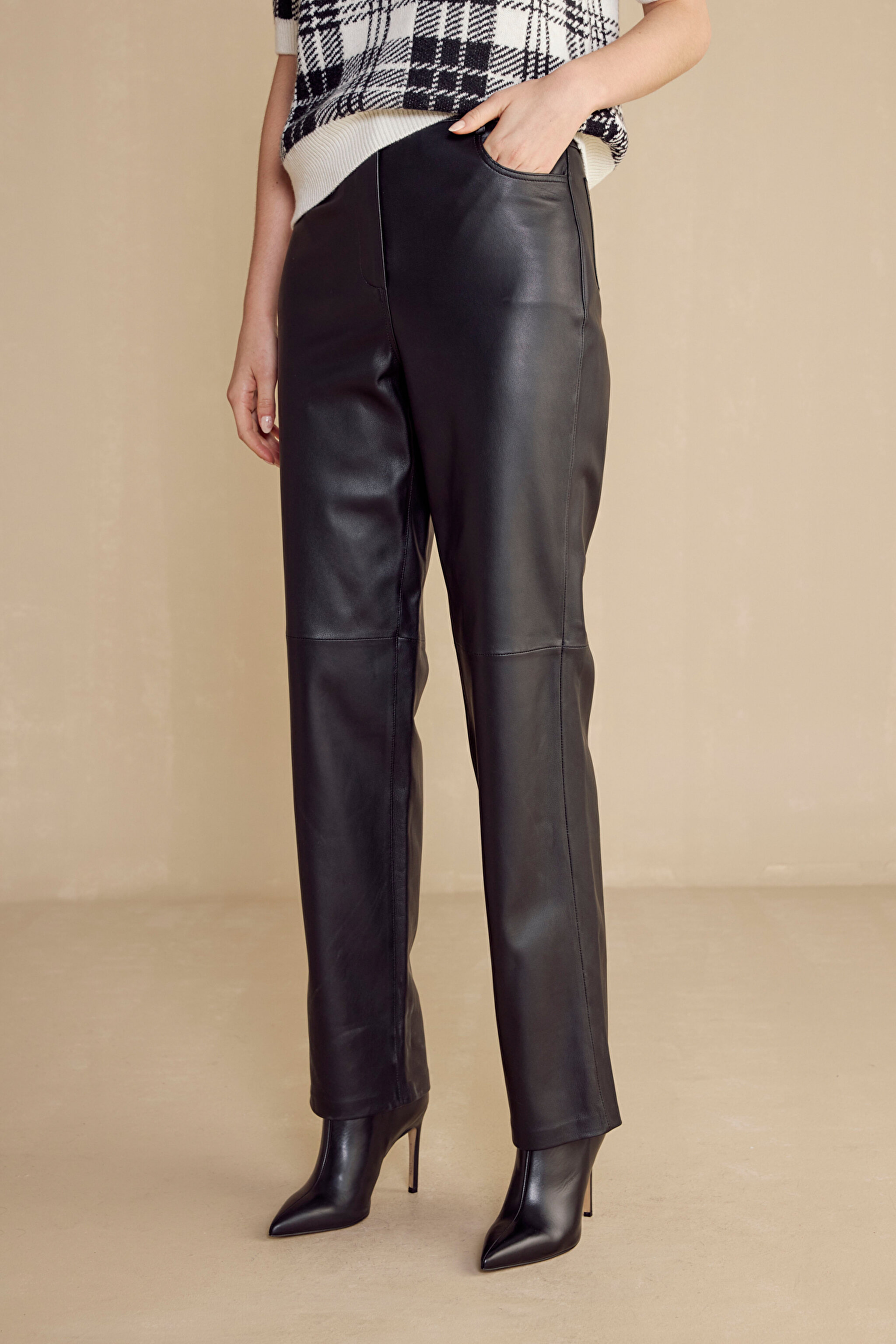 %100 Deri Boot Cut Yüksek Bel Pantolon - Siyah (görsel 2)