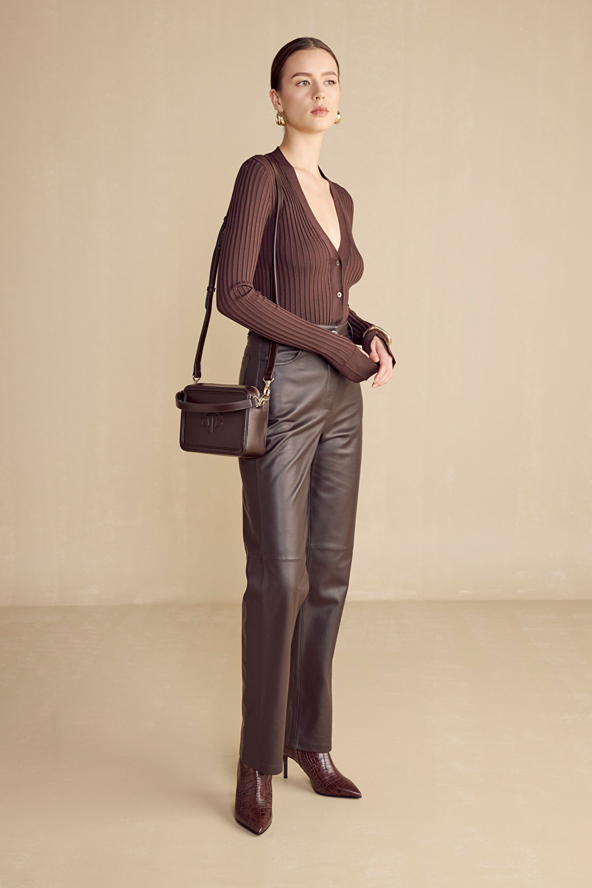%100 Deri Boot Cut Yüksek Bel Pantolon - Koyu Kahverengi (görsel 7)