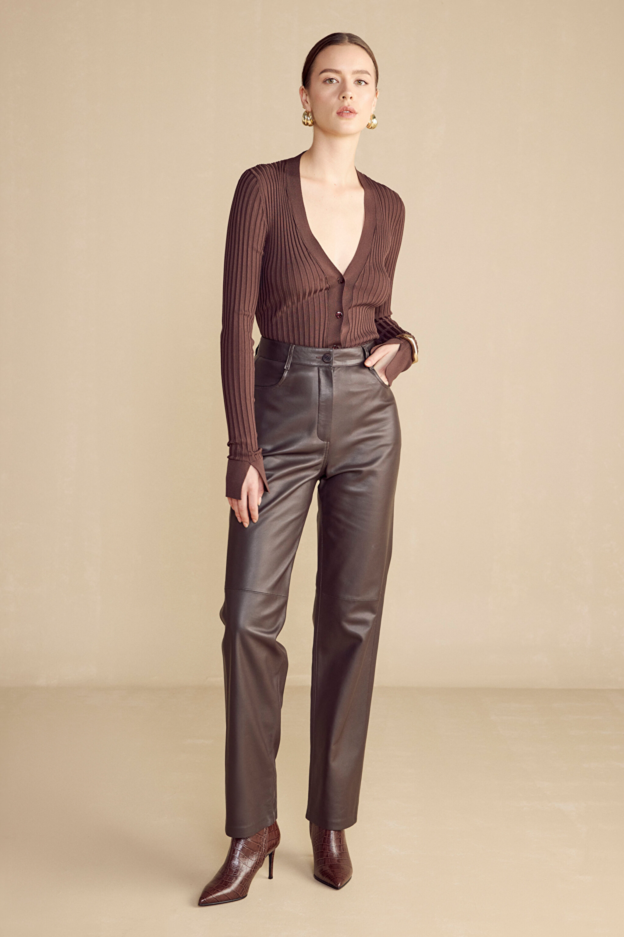 %100 Deri Boot Cut Yüksek Bel Pantolon - Koyu Kahverengi (görsel 10)