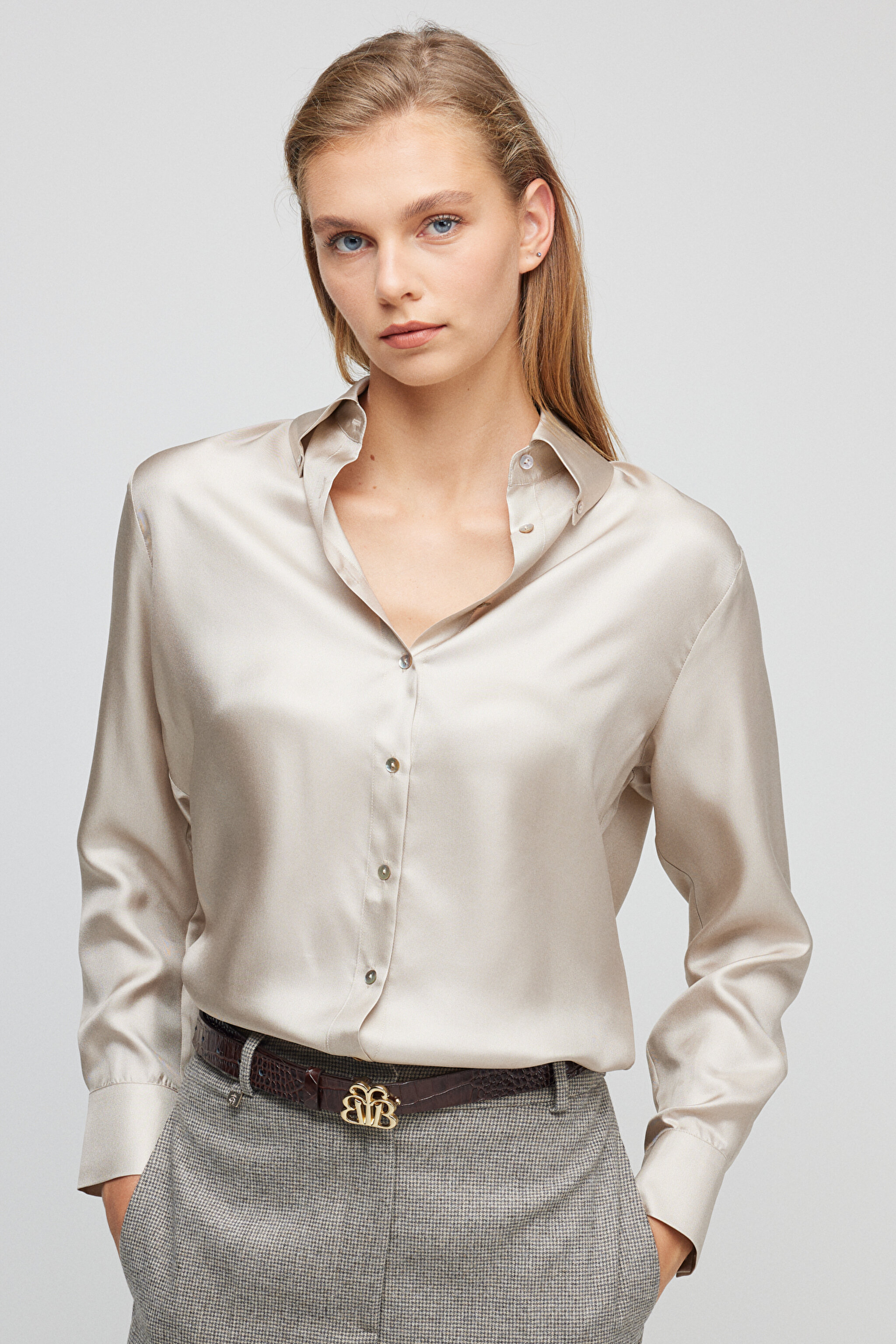 Regular Fit Geniş Kesim İpek Gömlek - Taş