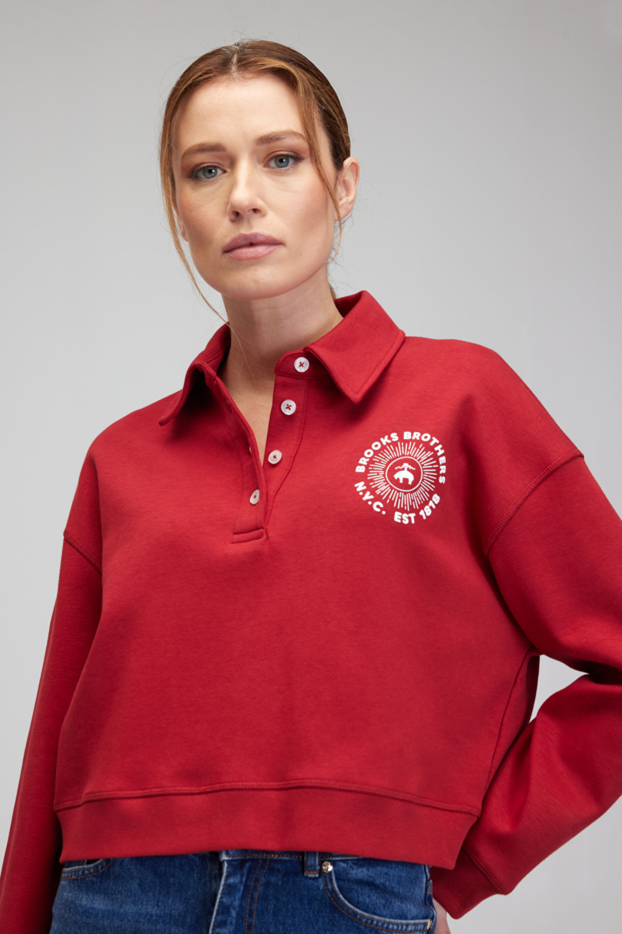 Gömlek Yaka Pamuklu Sweatshirt - Kırmızı
