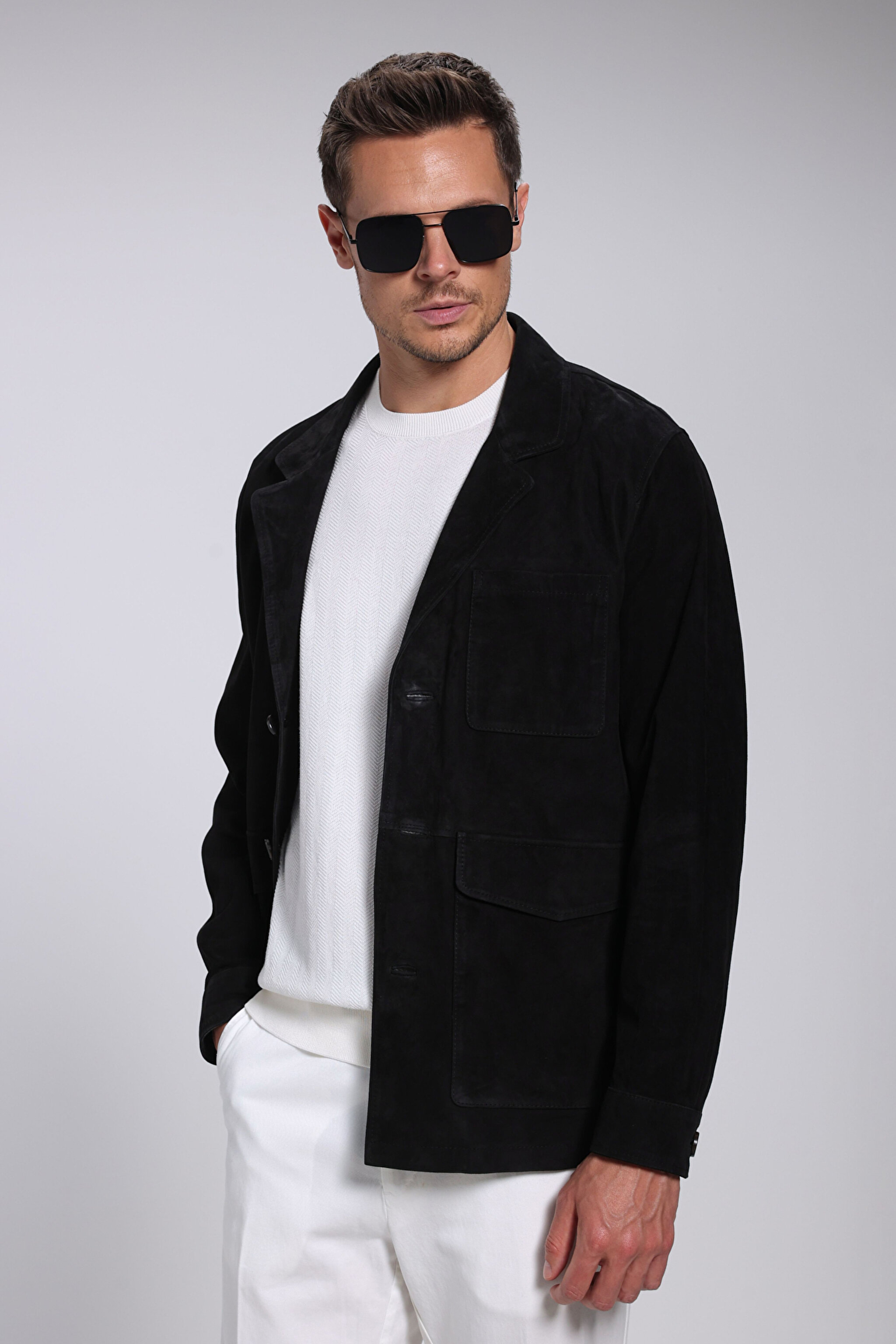 Slim Fit Dar Kesim Mono Yaka Cepli Süet Ceket - Siyah (görsel 2)