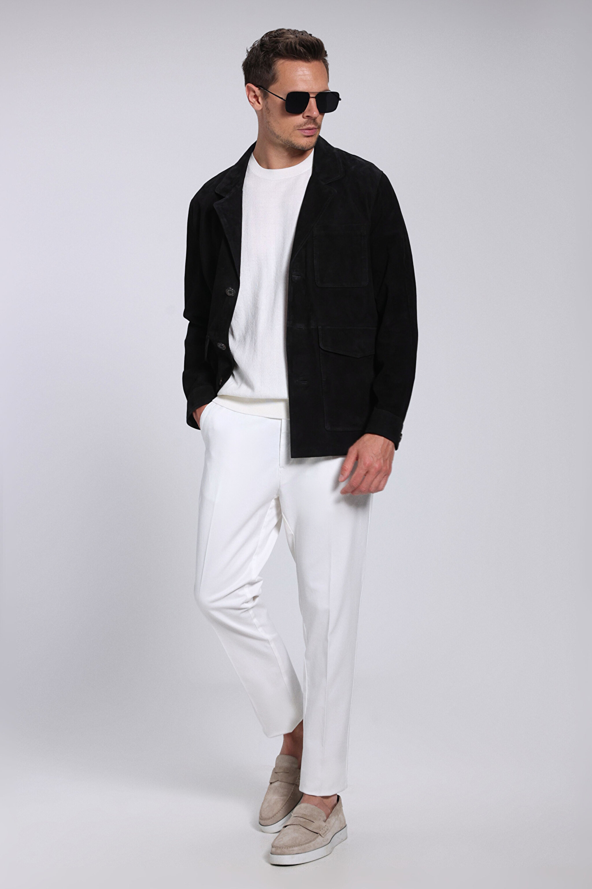 Slim Fit Dar Kesim Mono Yaka Cepli Süet Ceket - Siyah (görsel 3)