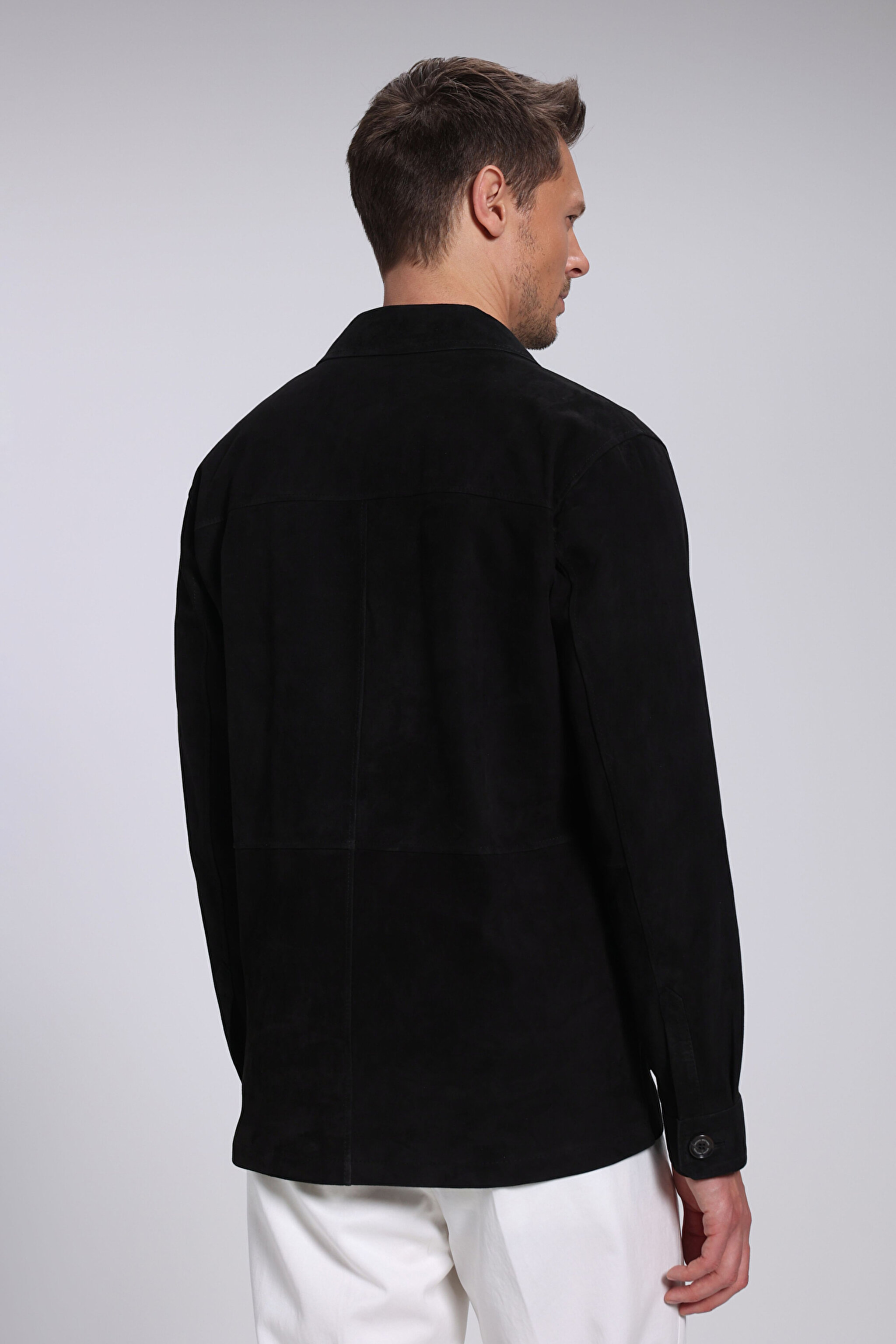 Slim Fit Dar Kesim Mono Yaka Cepli Süet Ceket - Siyah (görsel 6)