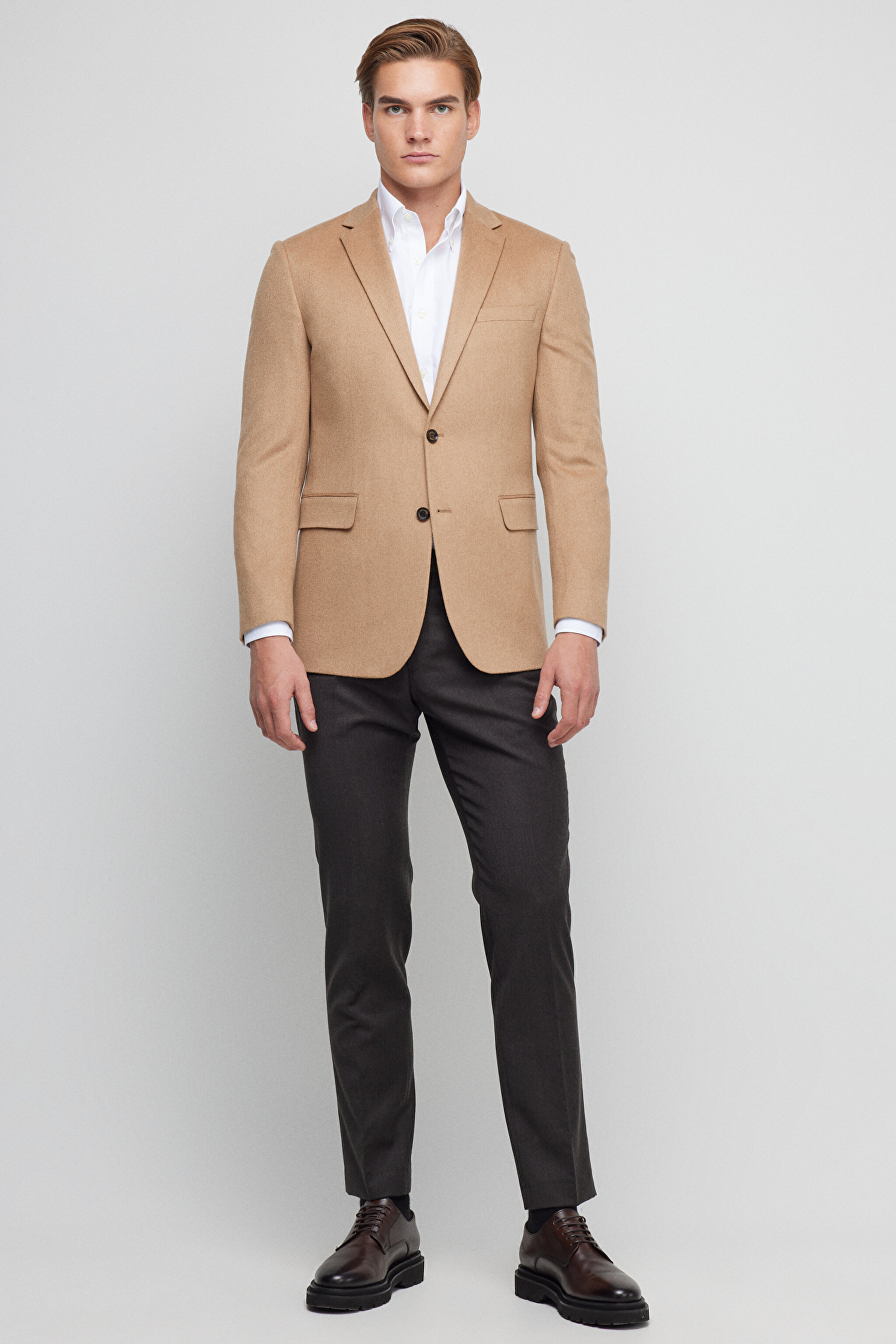 %100 Kaşmir Regular Fit Mono Yaka Ceket - Camel (görsel 2)