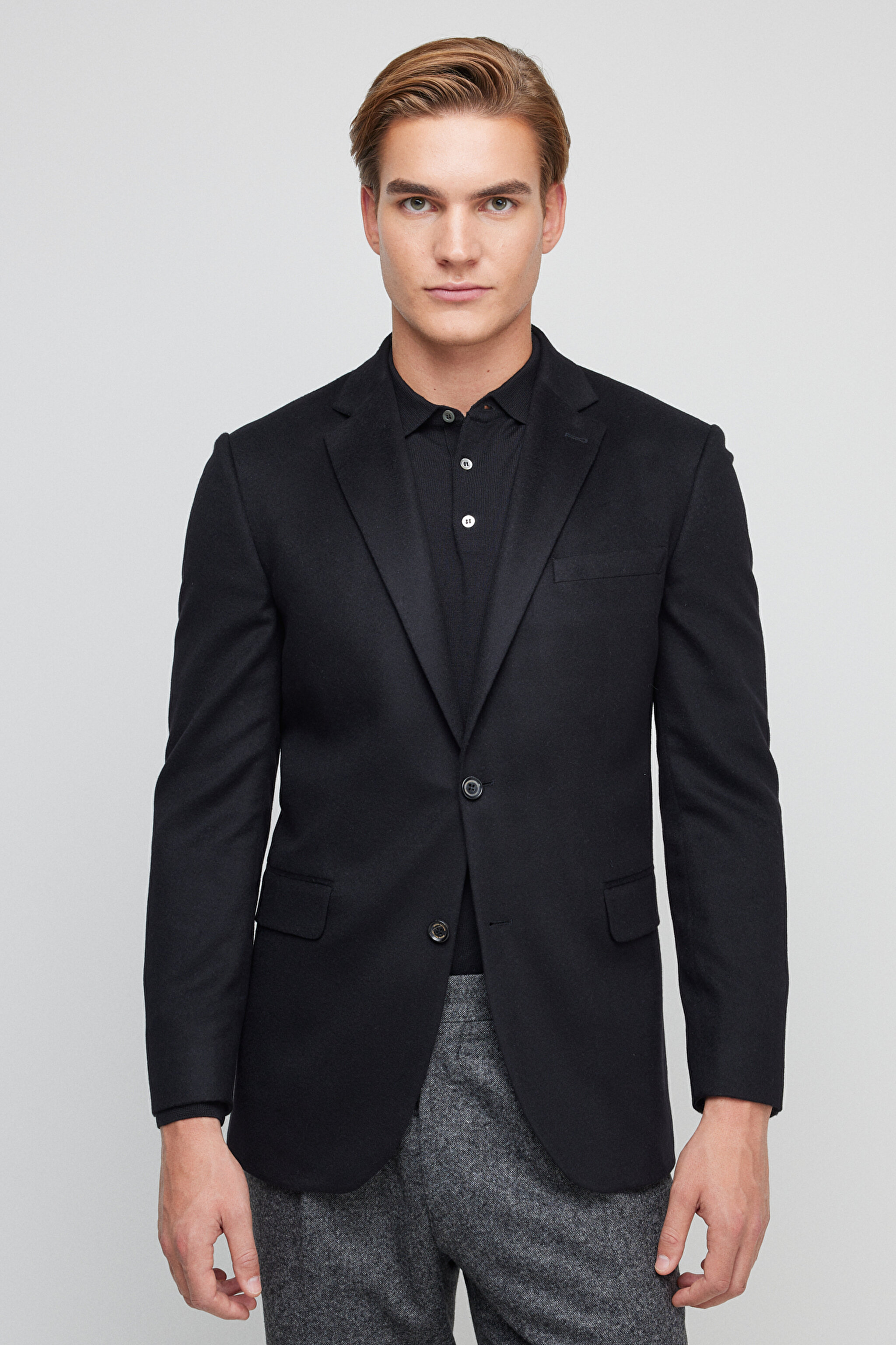 %100 Kaşmir Regular Fit Mono Yaka Ceket - Siyah