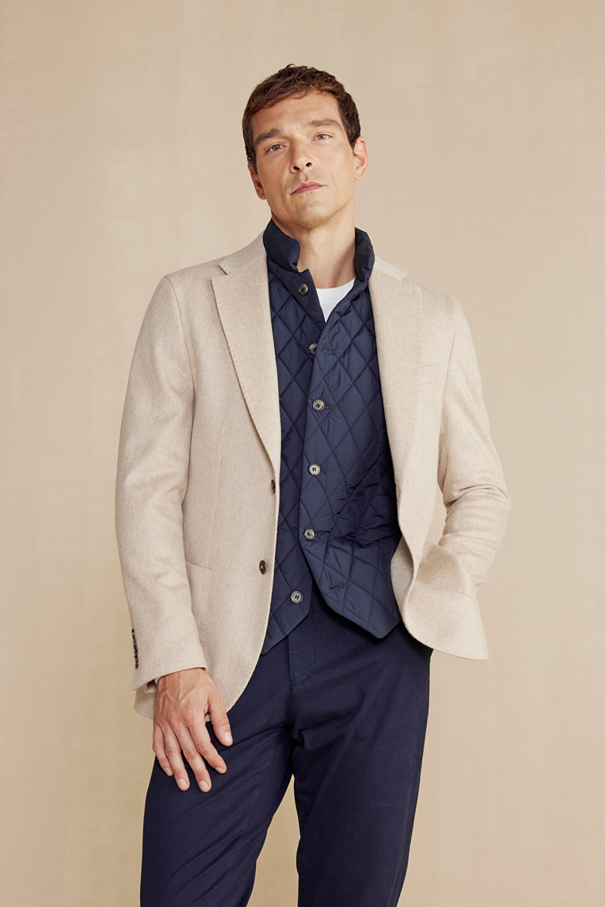 %100 Kaşmir Slim Fit Mono Yaka Ceket - Bej