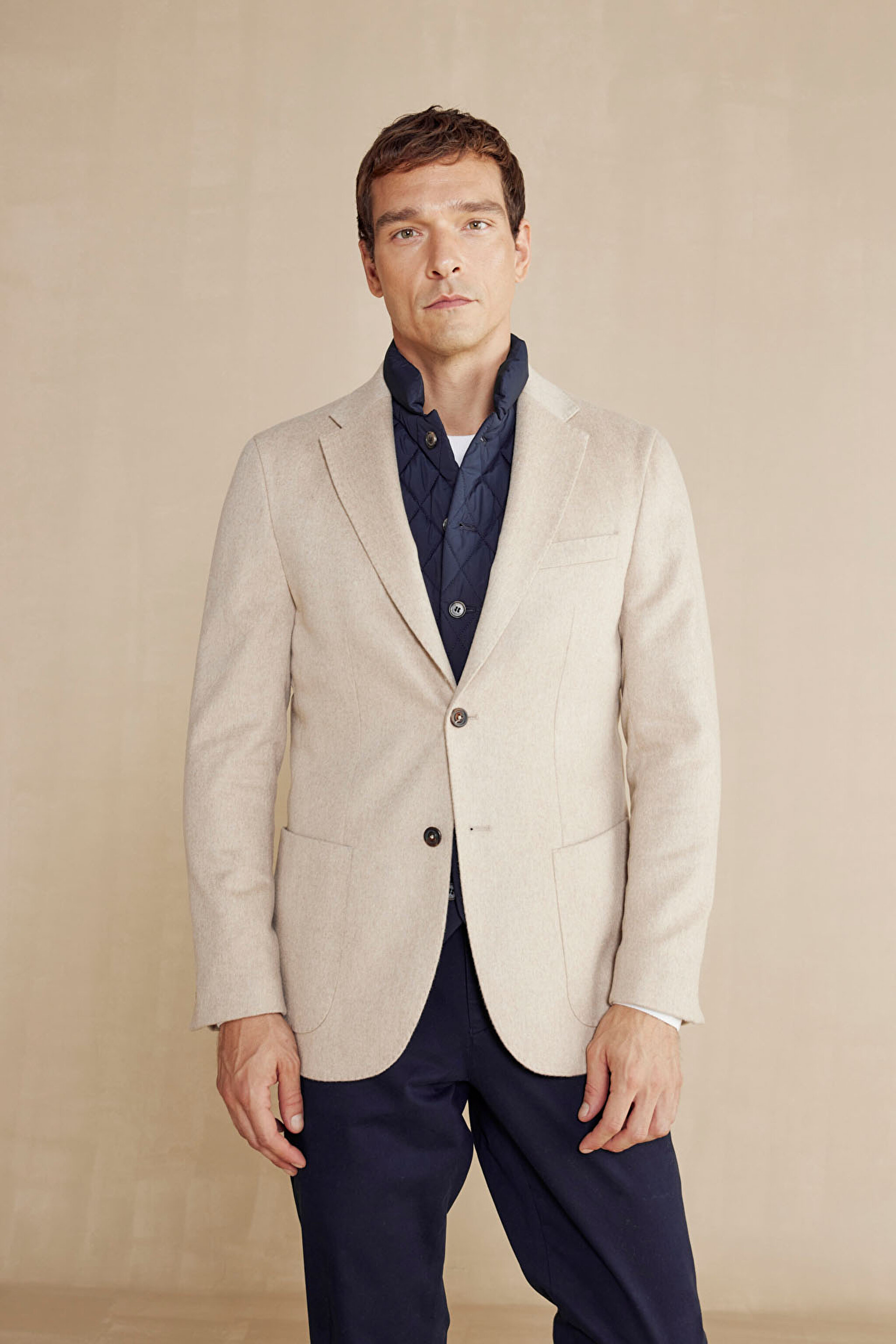%100 Kaşmir Slim Fit Mono Yaka Ceket - Bej (görsel 2)