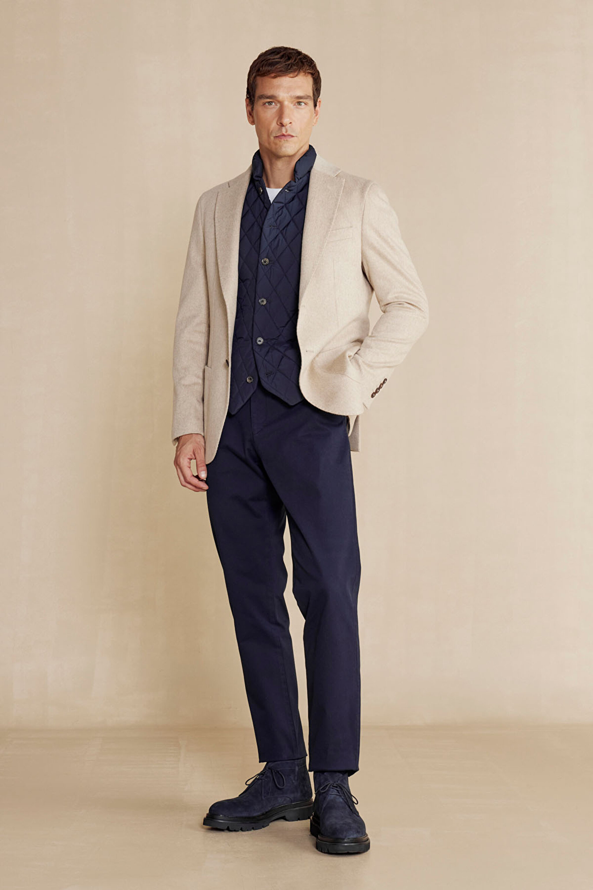 %100 Kaşmir Slim Fit Mono Yaka Ceket - Bej (görsel 3)