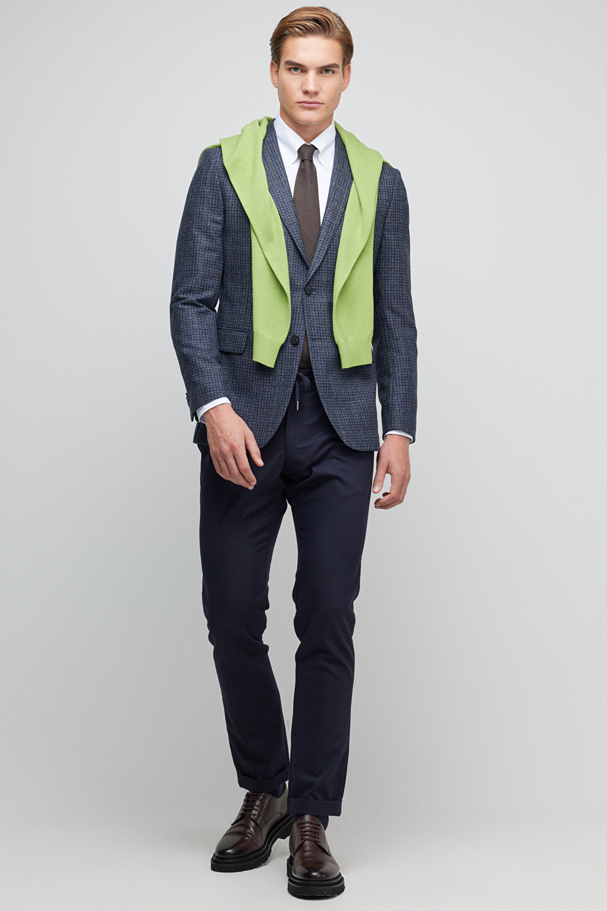 %100 Yün Slim Fit Mono Yaka Desenli Ceket - Mavi Ekoseli (görsel 2)