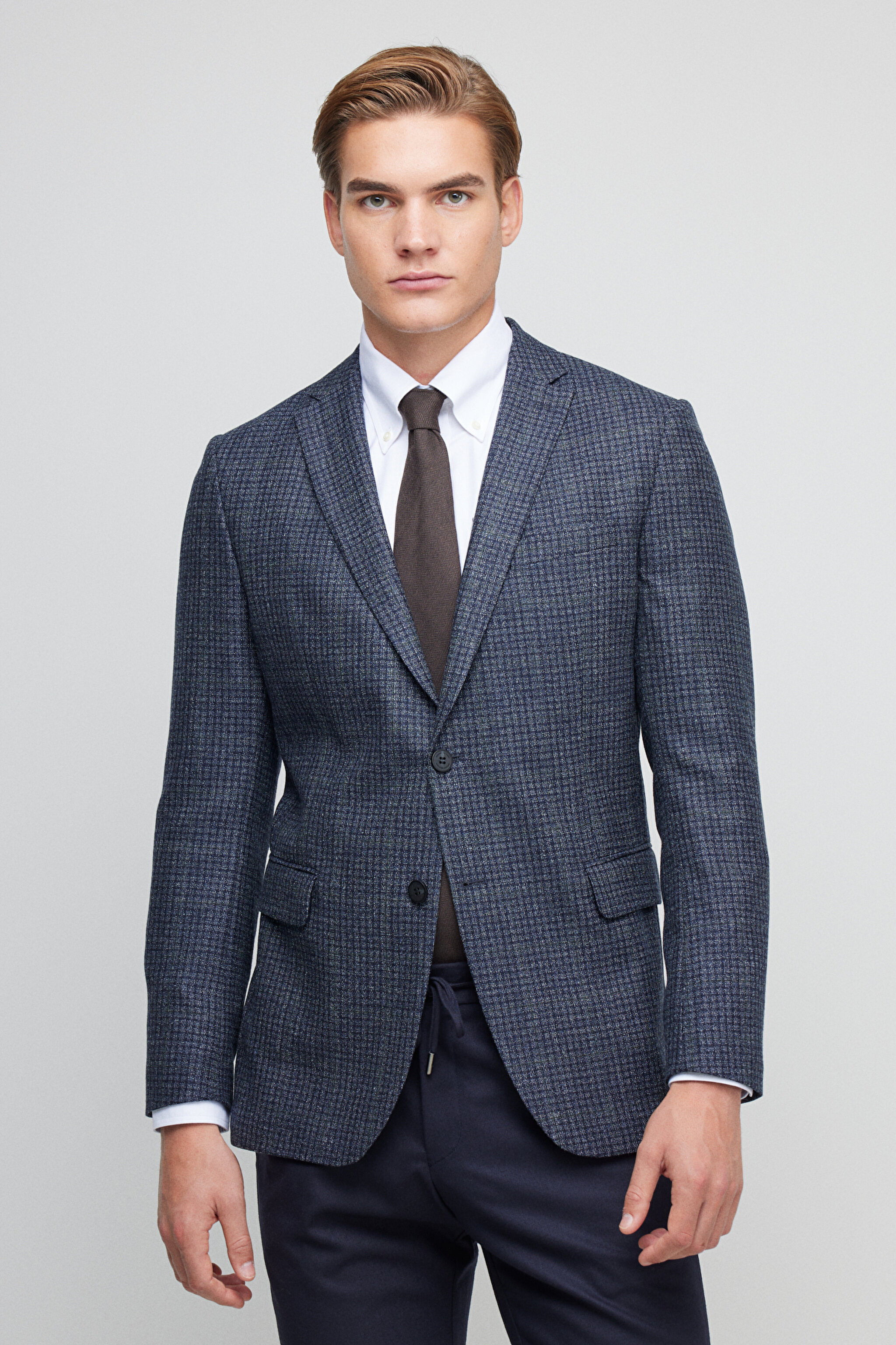 %100 Yün Slim Fit Mono Yaka Desenli Ceket - Mavi Ekoseli (görsel 3)