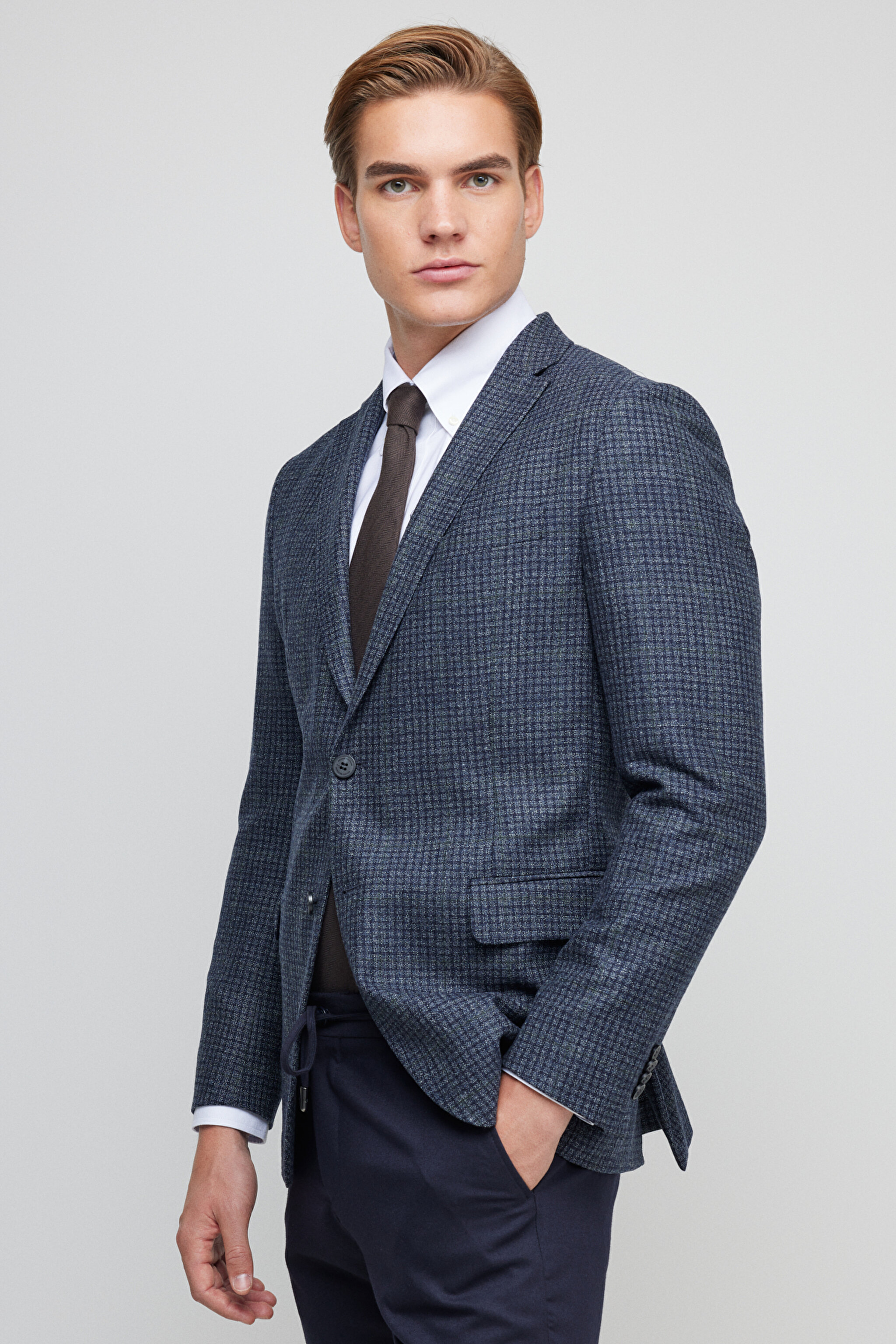 %100 Yün Slim Fit Mono Yaka Desenli Ceket - Mavi Ekoseli (görsel 5)