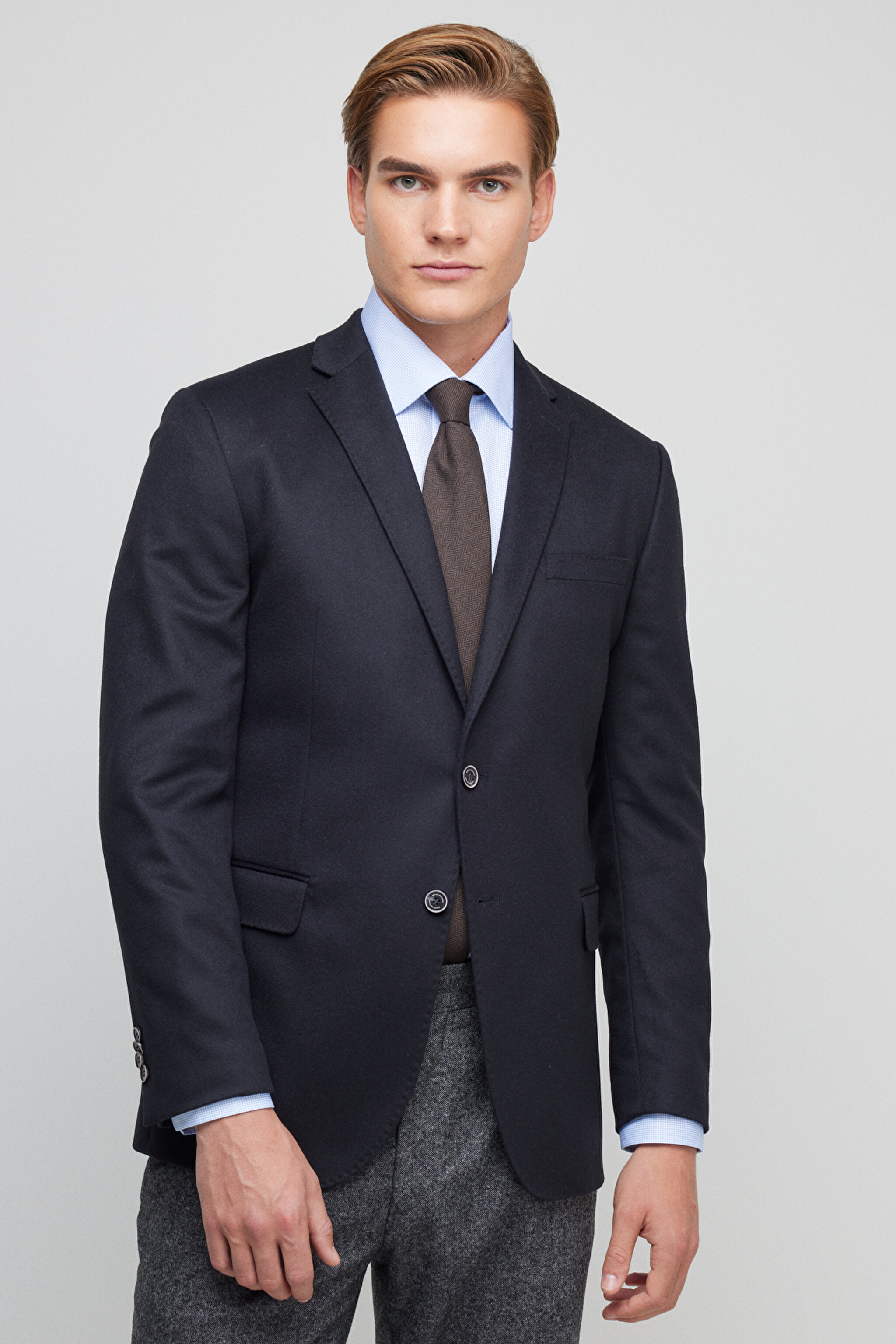 Yün Kaşmir Karışımlı Slim Fit Mono Yaka Ceket - Lacivert