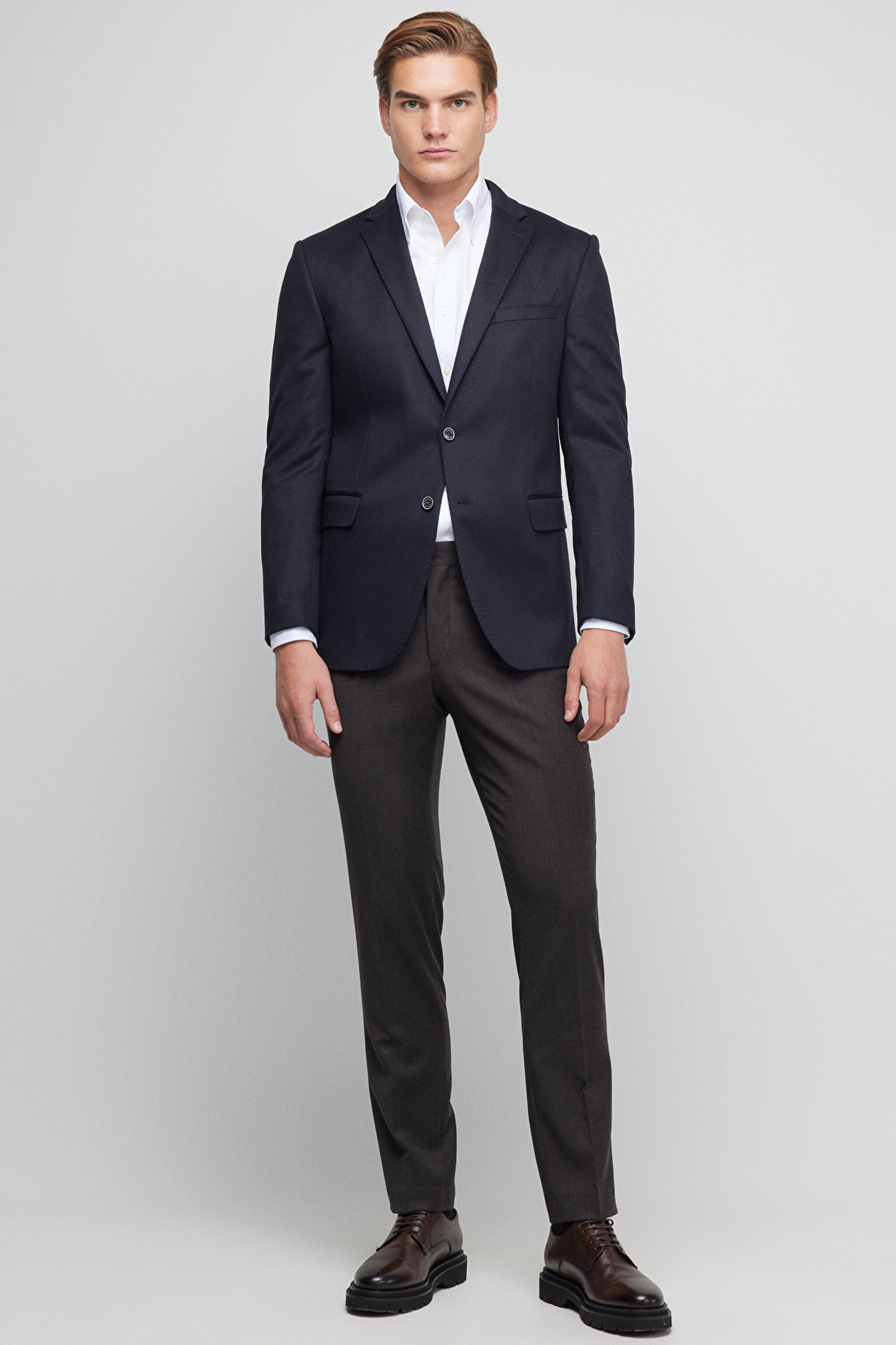 Yün Kaşmir Karışımlı Slim Fit Mono Yaka Ceket - Lacivert (görsel 6)