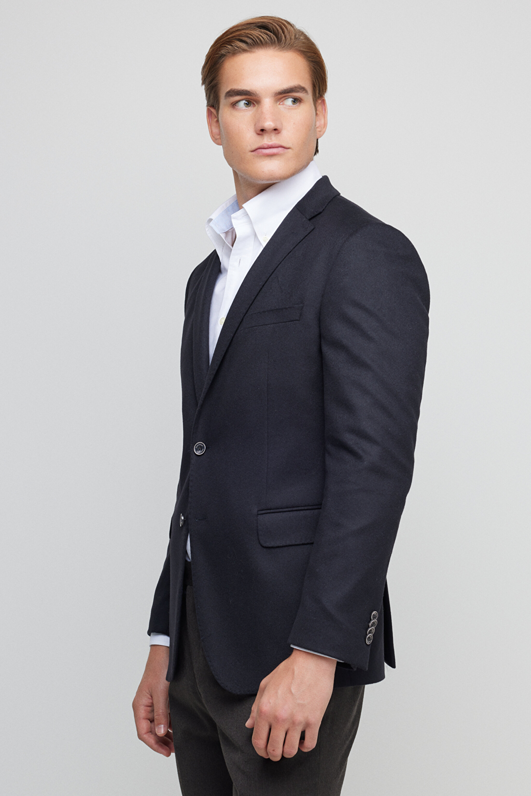 Yün Kaşmir Karışımlı Slim Fit Mono Yaka Ceket - Lacivert (görsel 8)