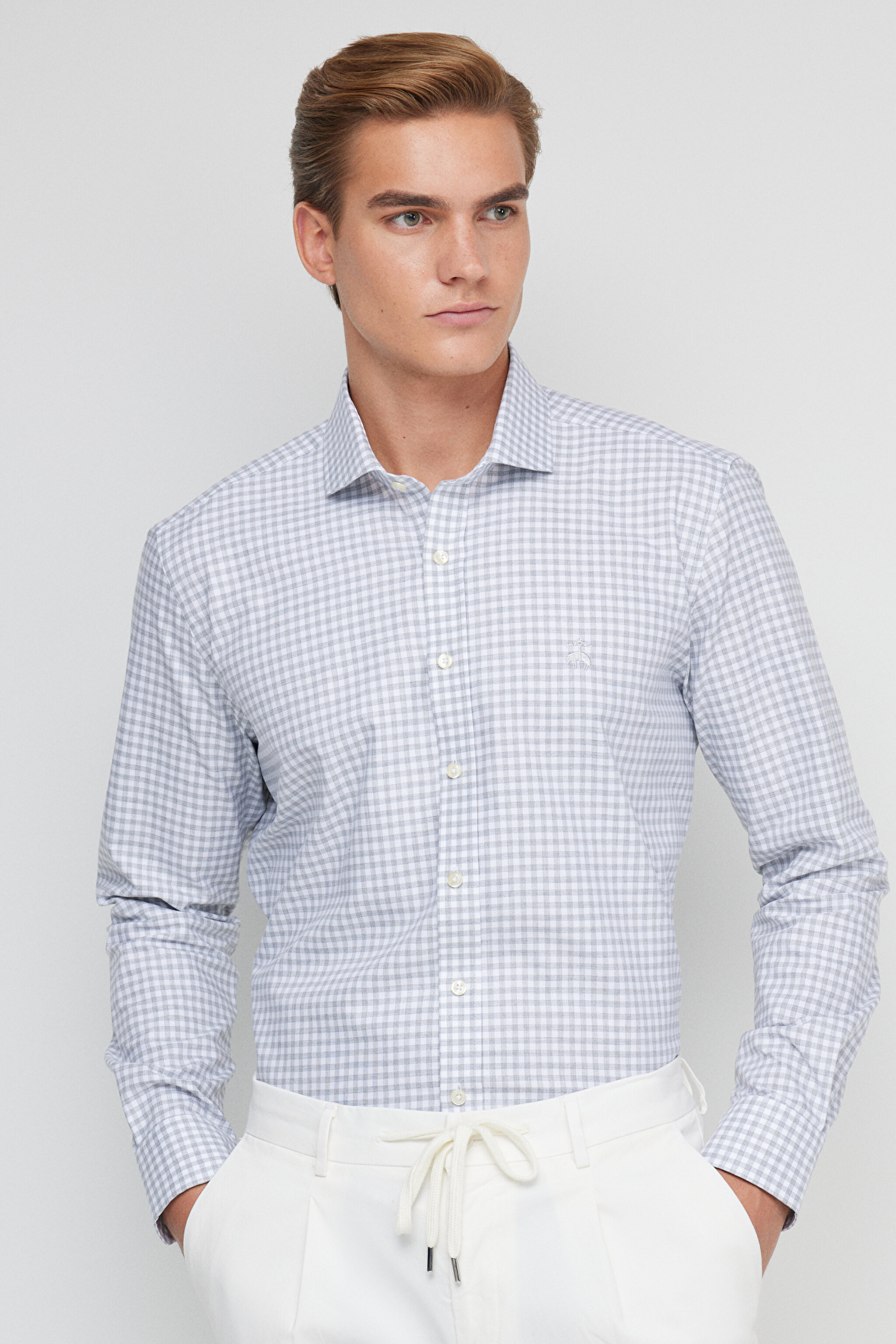 %100 Pamuk Slim Fit İtalyan Yaka Desenli Gömlek - Gri-Beyaz