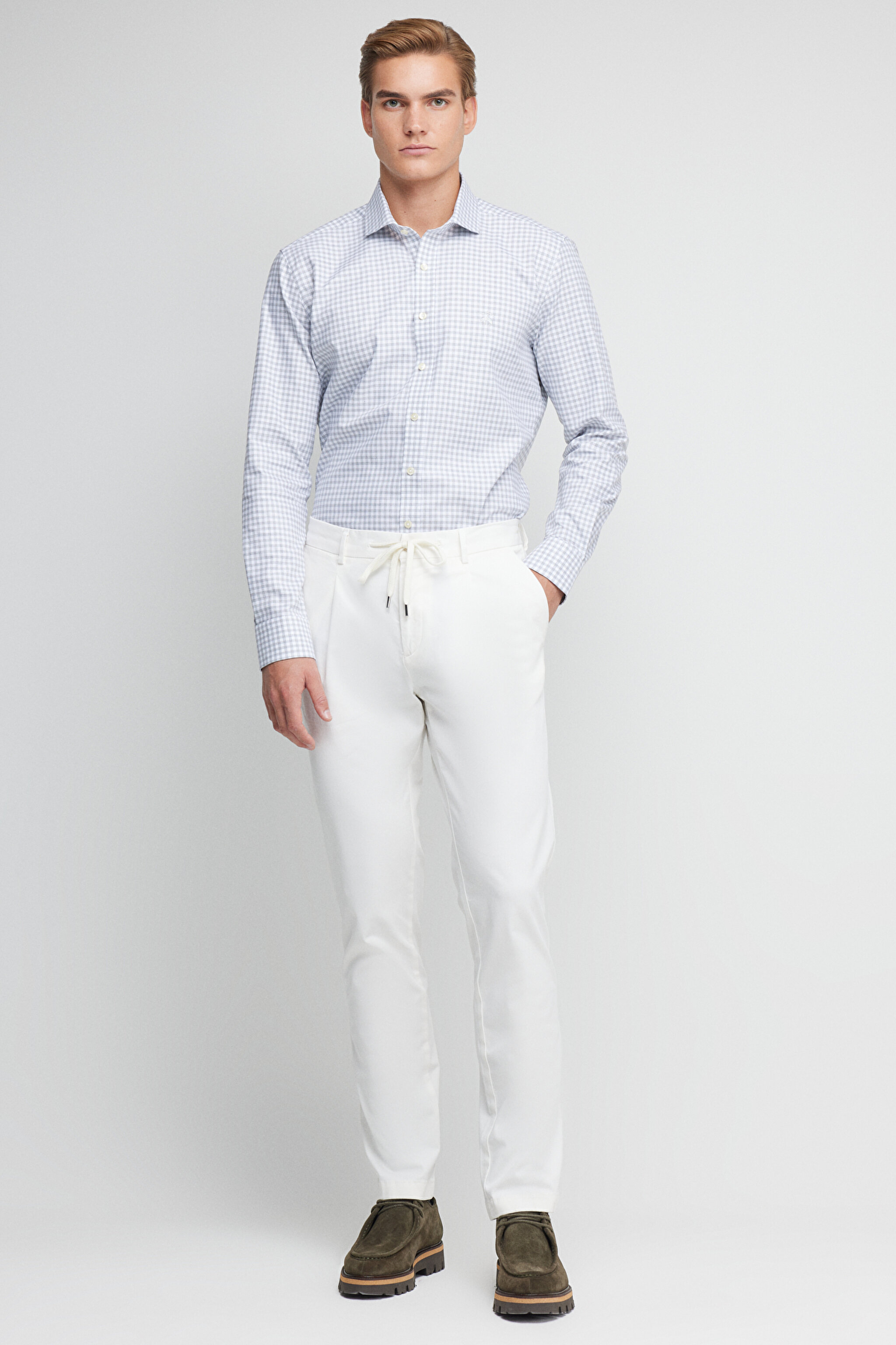 %100 Pamuk Slim Fit İtalyan Yaka Desenli Gömlek - Gri-Beyaz (görsel 2)