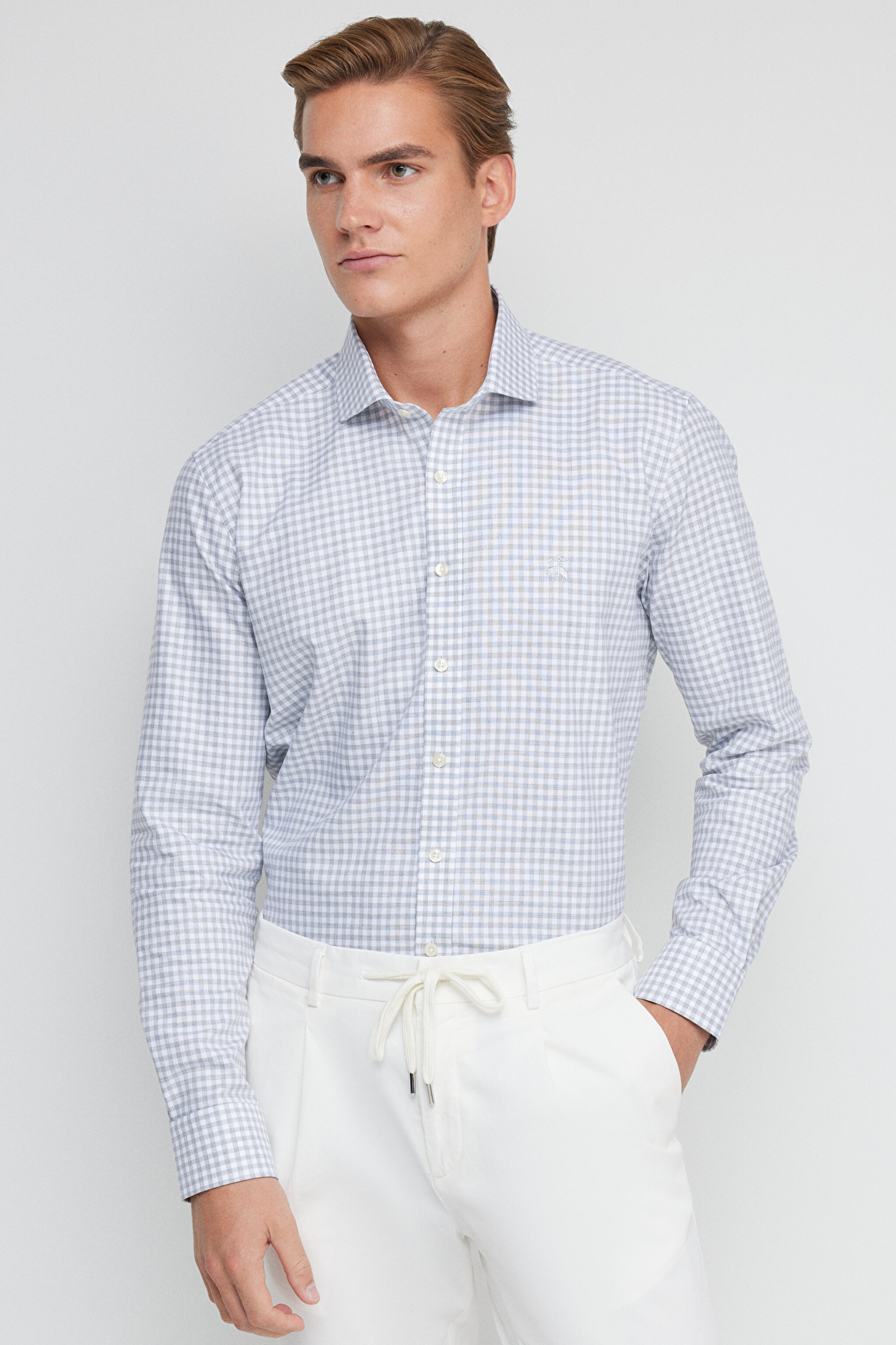 %100 Pamuk Slim Fit İtalyan Yaka Desenli Gömlek - Gri-Beyaz (görsel 3)