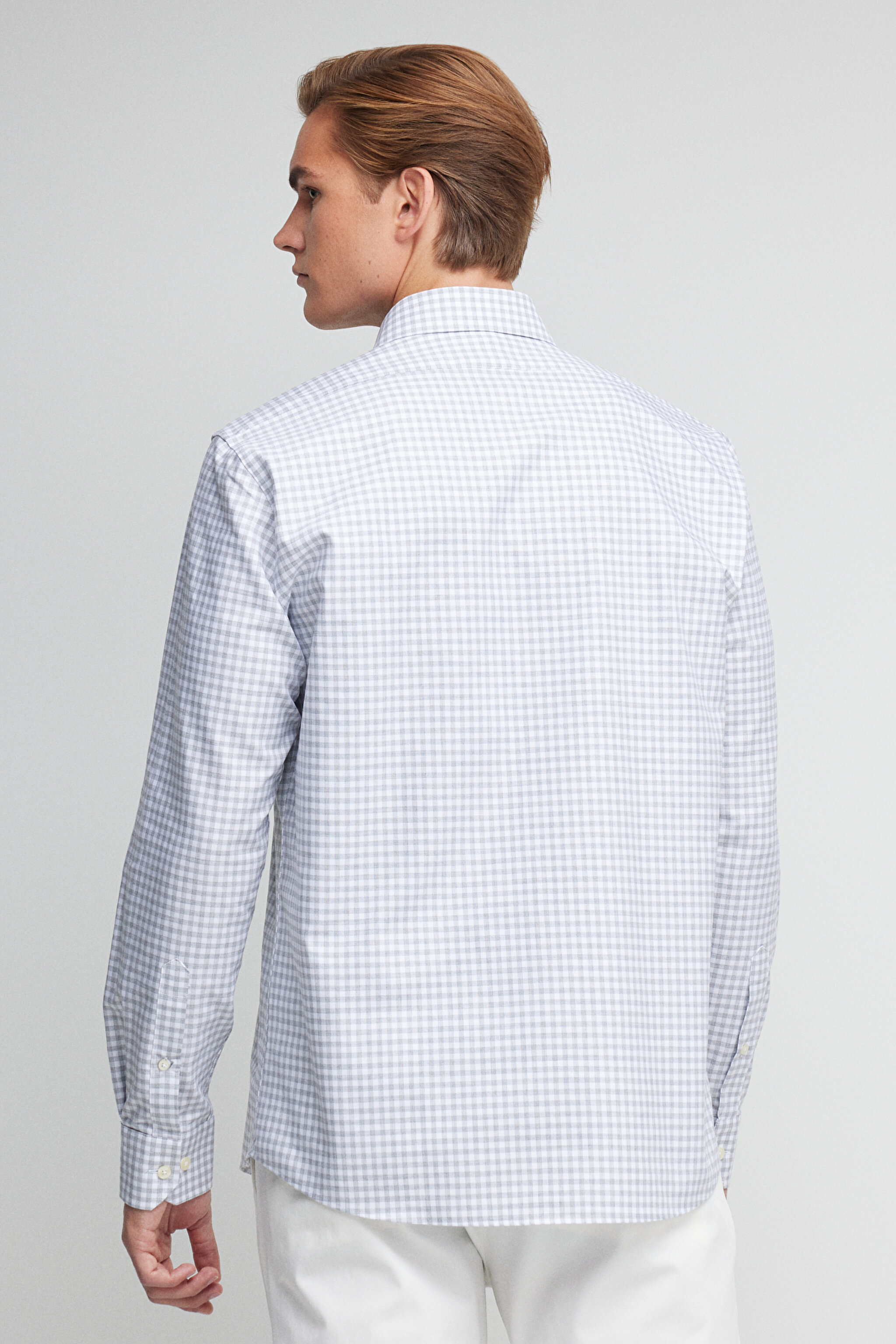 %100 Pamuk Slim Fit İtalyan Yaka Desenli Gömlek - Gri-Beyaz (görsel 5)