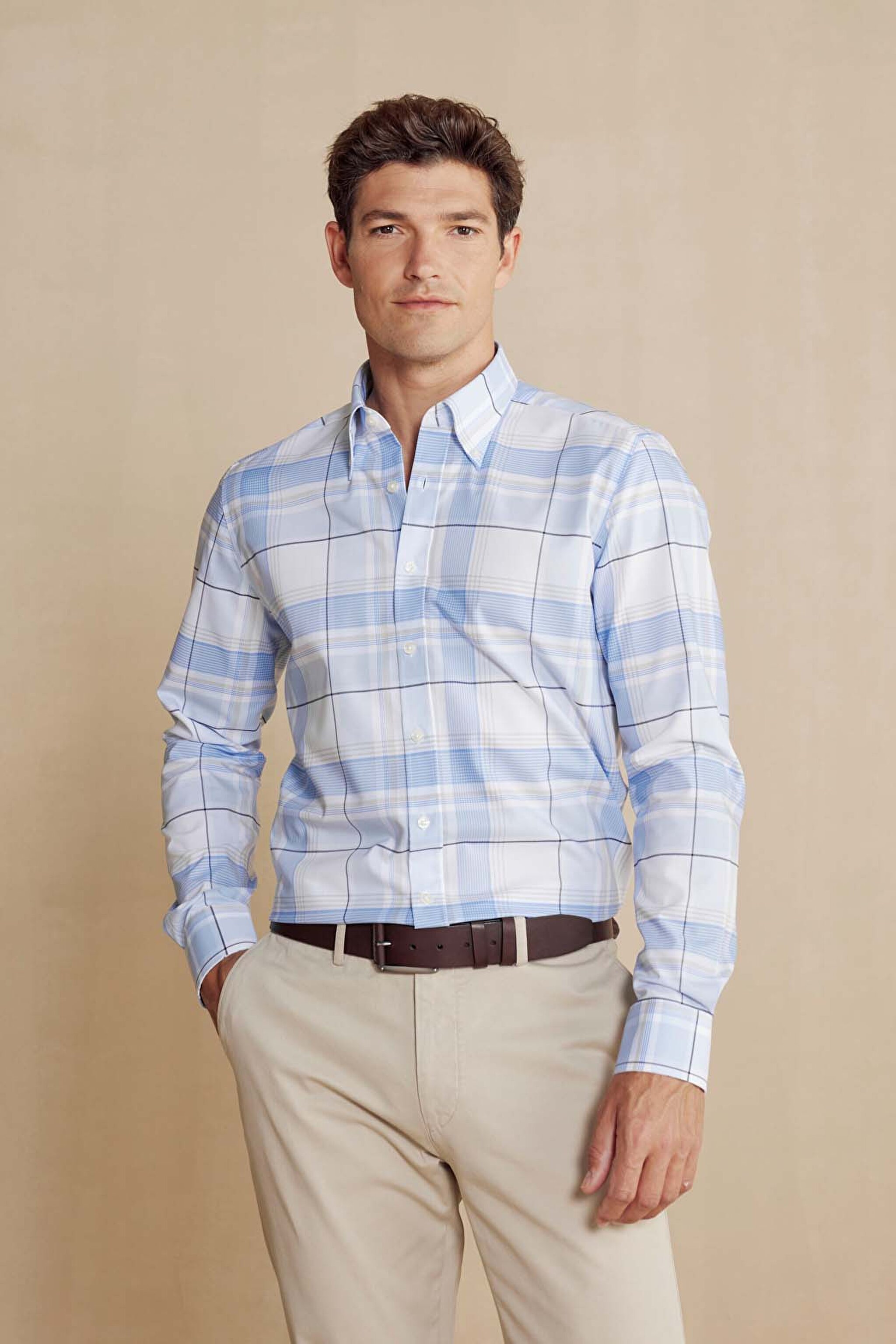 %100 Pamuk Slim Fit Klasik Yaka Desenli Gömlek - Açık Mavi-Beyaz