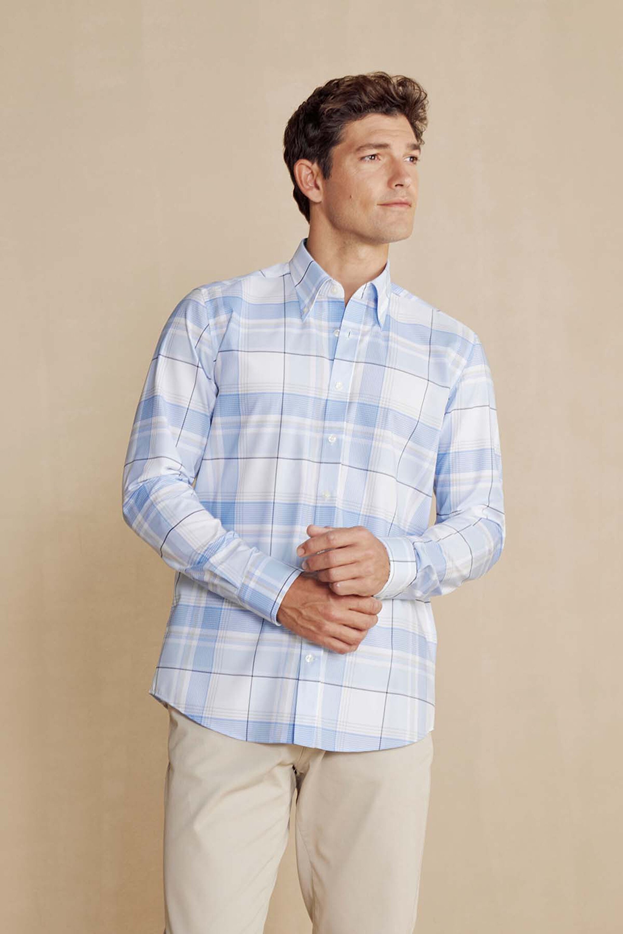 %100 Pamuk Slim Fit Klasik Yaka Desenli Gömlek - Açık Mavi-Beyaz (görsel 2)