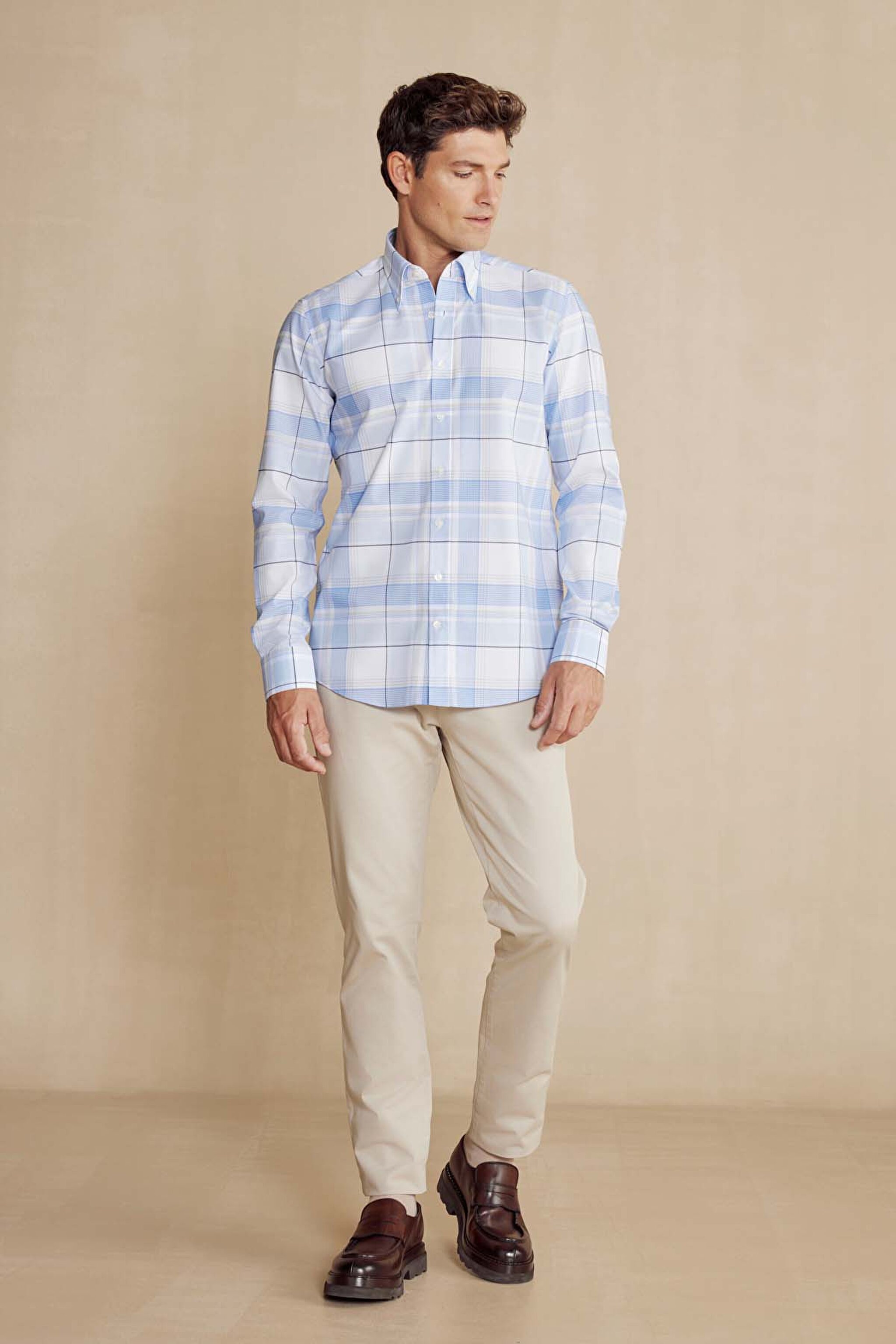 %100 Pamuk Slim Fit Klasik Yaka Desenli Gömlek - Açık Mavi-Beyaz (görsel 3)