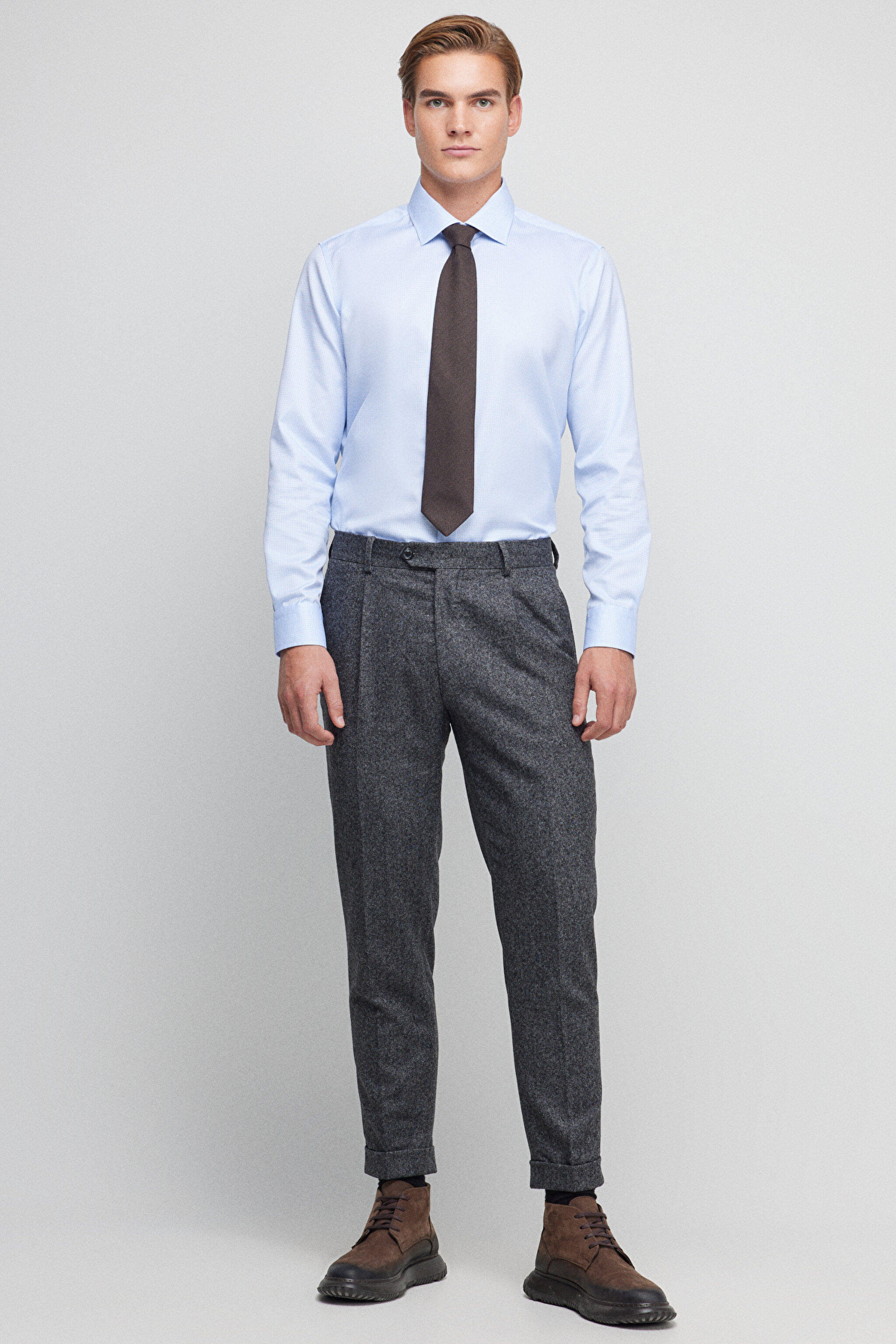 %100 Pamuk Slim Fit İtalyan Yaka Gömlek - Mavi (görsel 5)