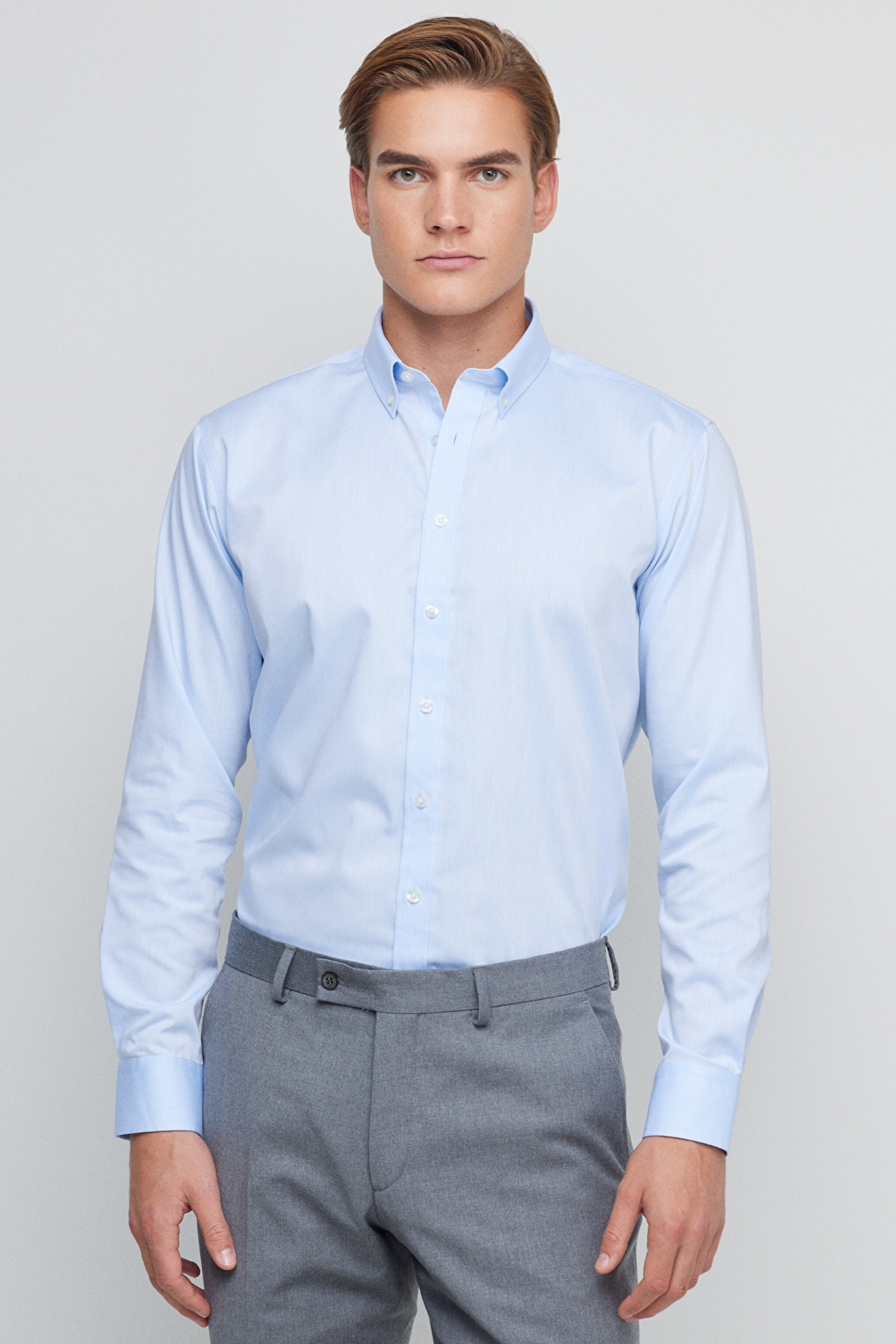 %100 Pamuk Slim Fit Klasik Yaka Desenli Gömlek - Beyaz-Mavi