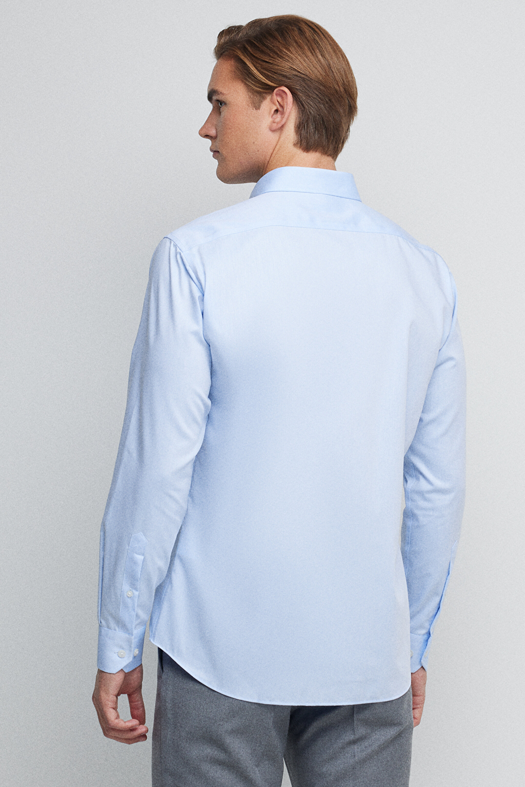 %100 Pamuk Slim Fit Klasik Yaka Desenli Gömlek - Beyaz-Mavi (görsel 3)
