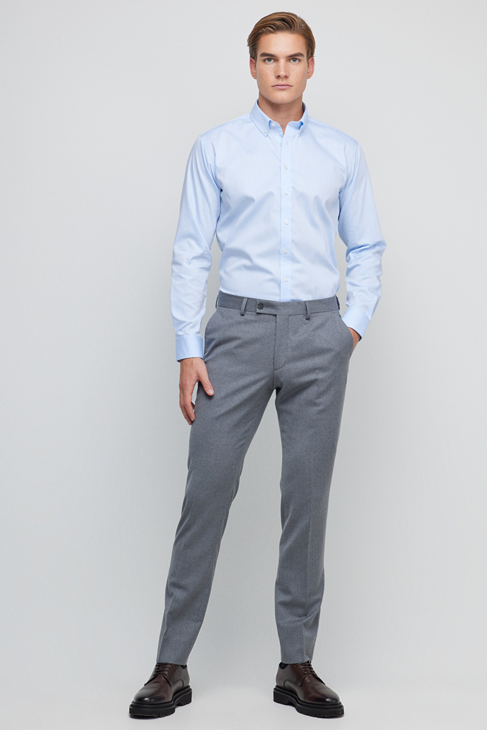 %100 Pamuk Slim Fit Klasik Yaka Desenli Gömlek - Beyaz-Mavi (görsel 4)
