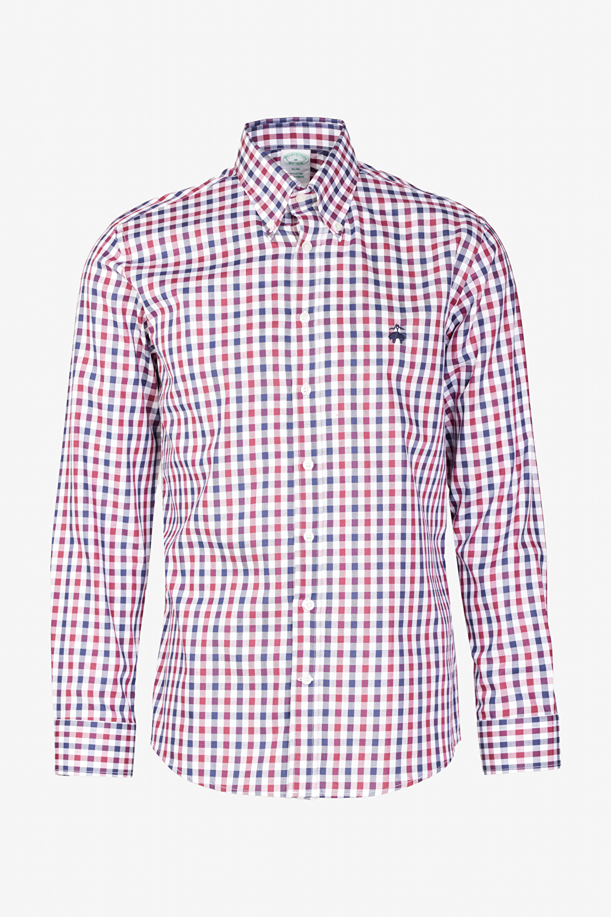 %100 Pamuk Slim Fit Düğeli Yaka Desenli Gömlek - Bordo Kareli