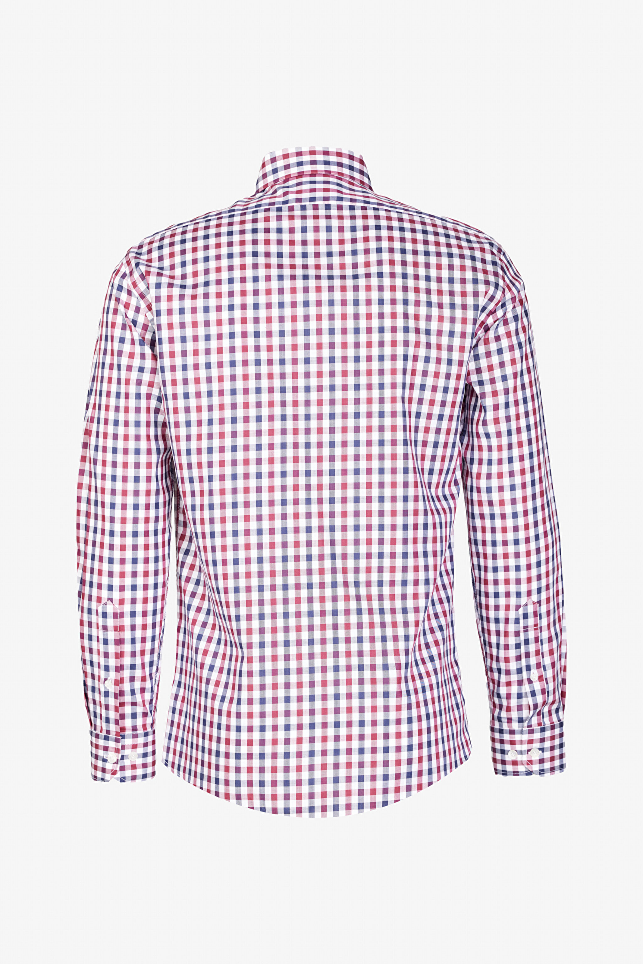%100 Pamuk Slim Fit Düğeli Yaka Desenli Gömlek - Bordo Kareli (görsel 2)