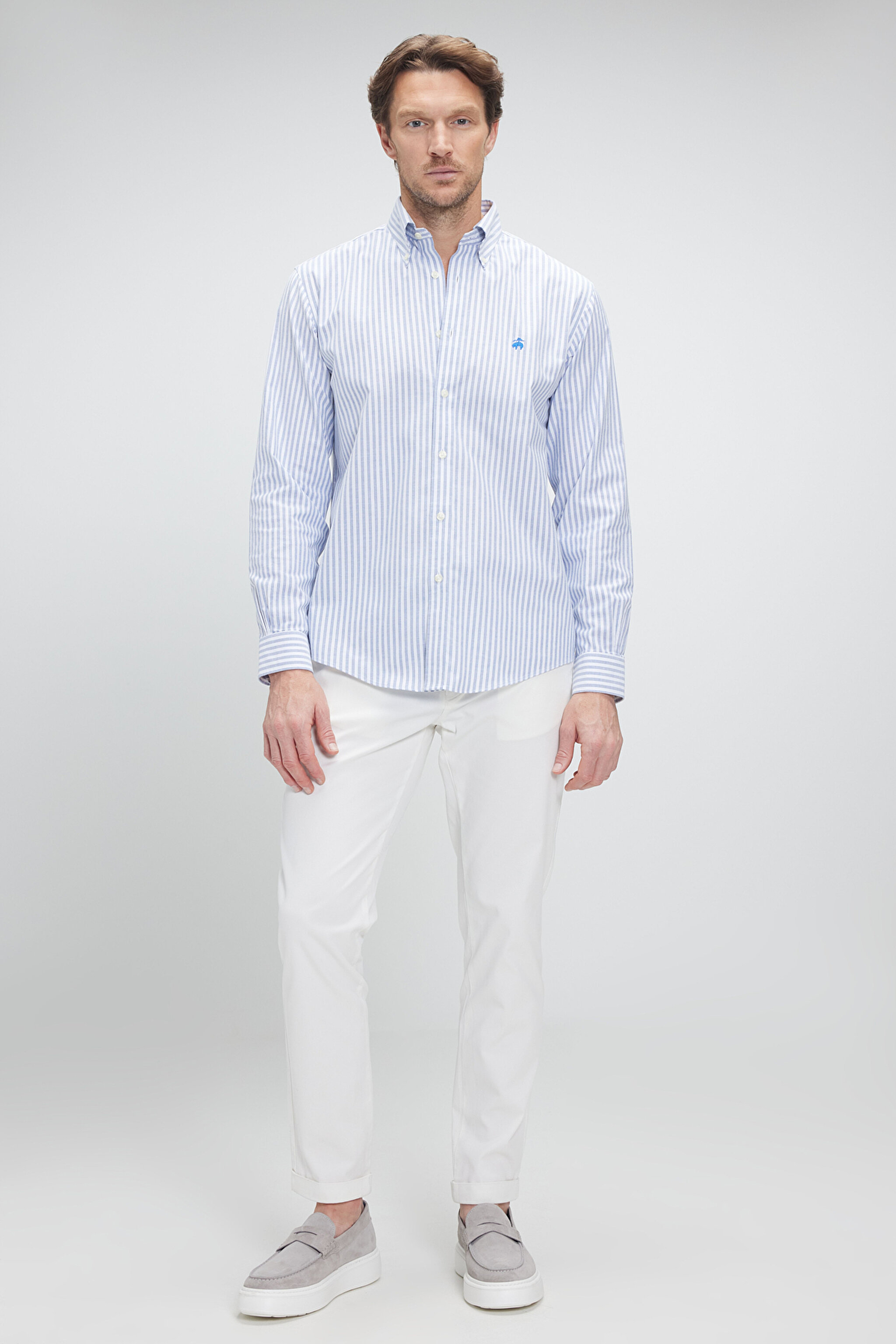 Pamuklu Regular Fit Non-Iron Gömlek - Mavi Çizgili (görsel 4)