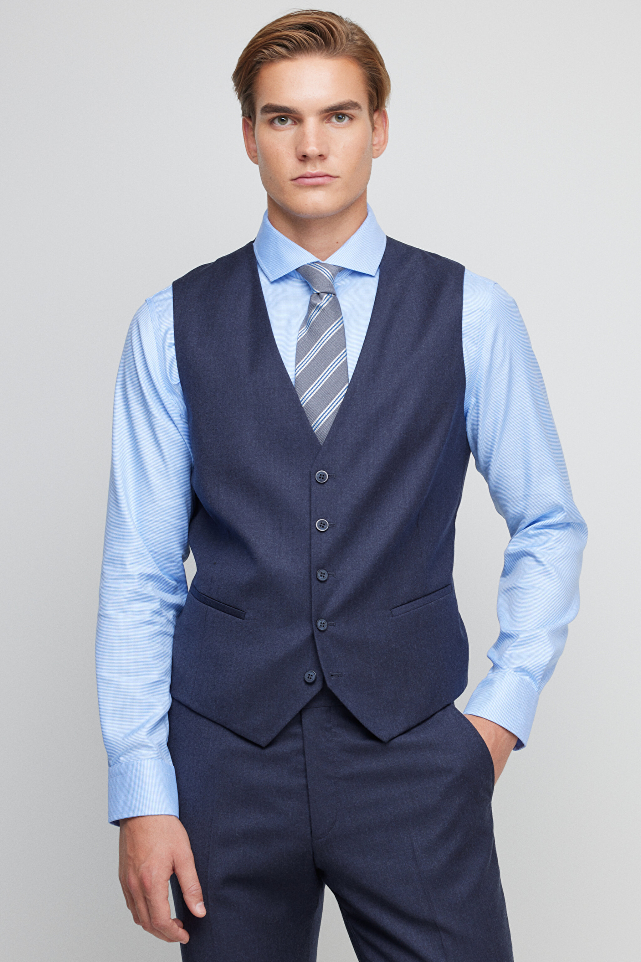 %100 Yün Slim Fit Mono Yaka Takım Elbise - Lacivert (görsel 2)