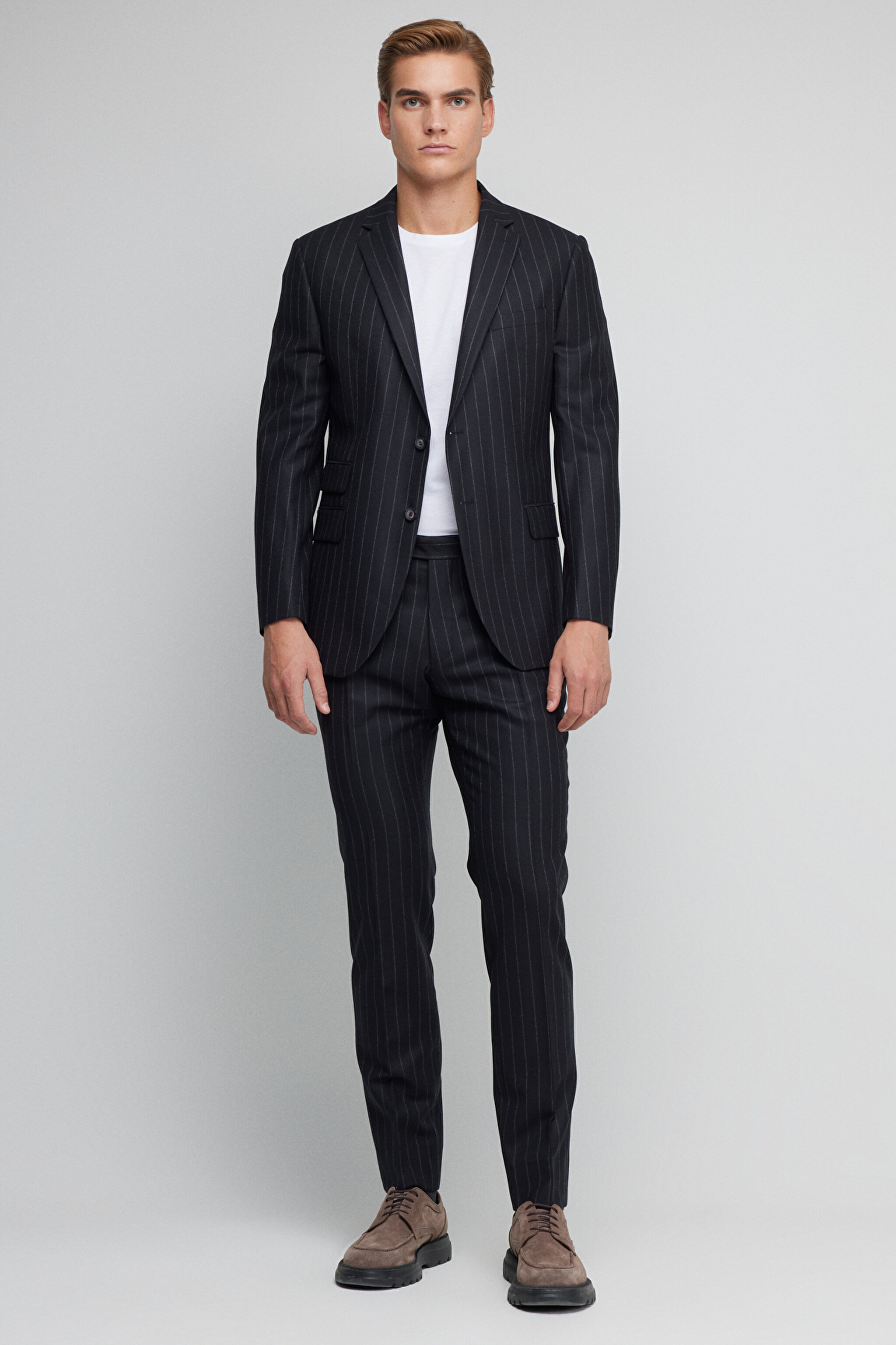Yün Kaşmir Karışımlı Slim Fit Mono Yaka Takım Elbise - Siyah