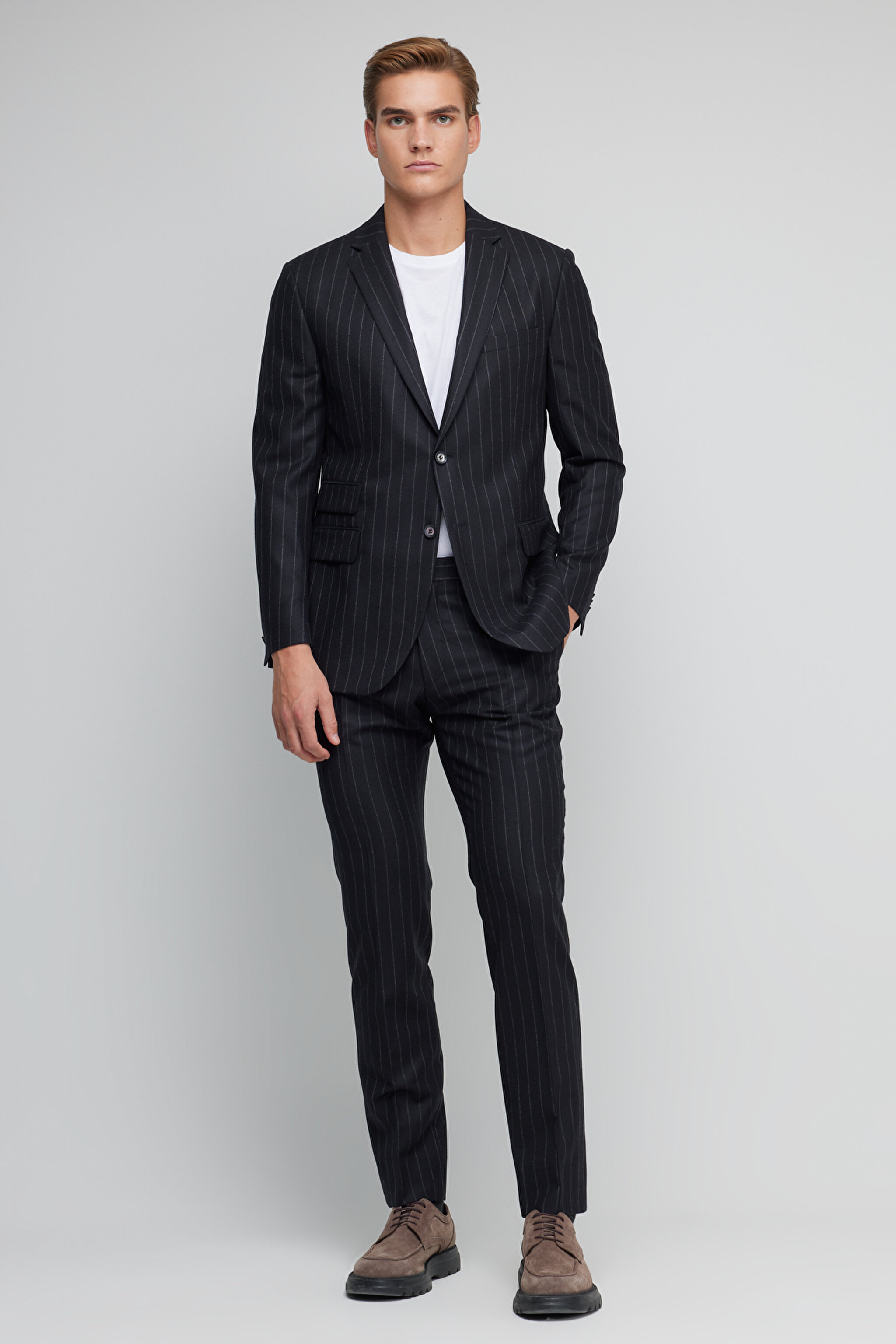 Yün Kaşmir Karışımlı Slim Fit Mono Yaka Takım Elbise - Siyah (görsel 2)
