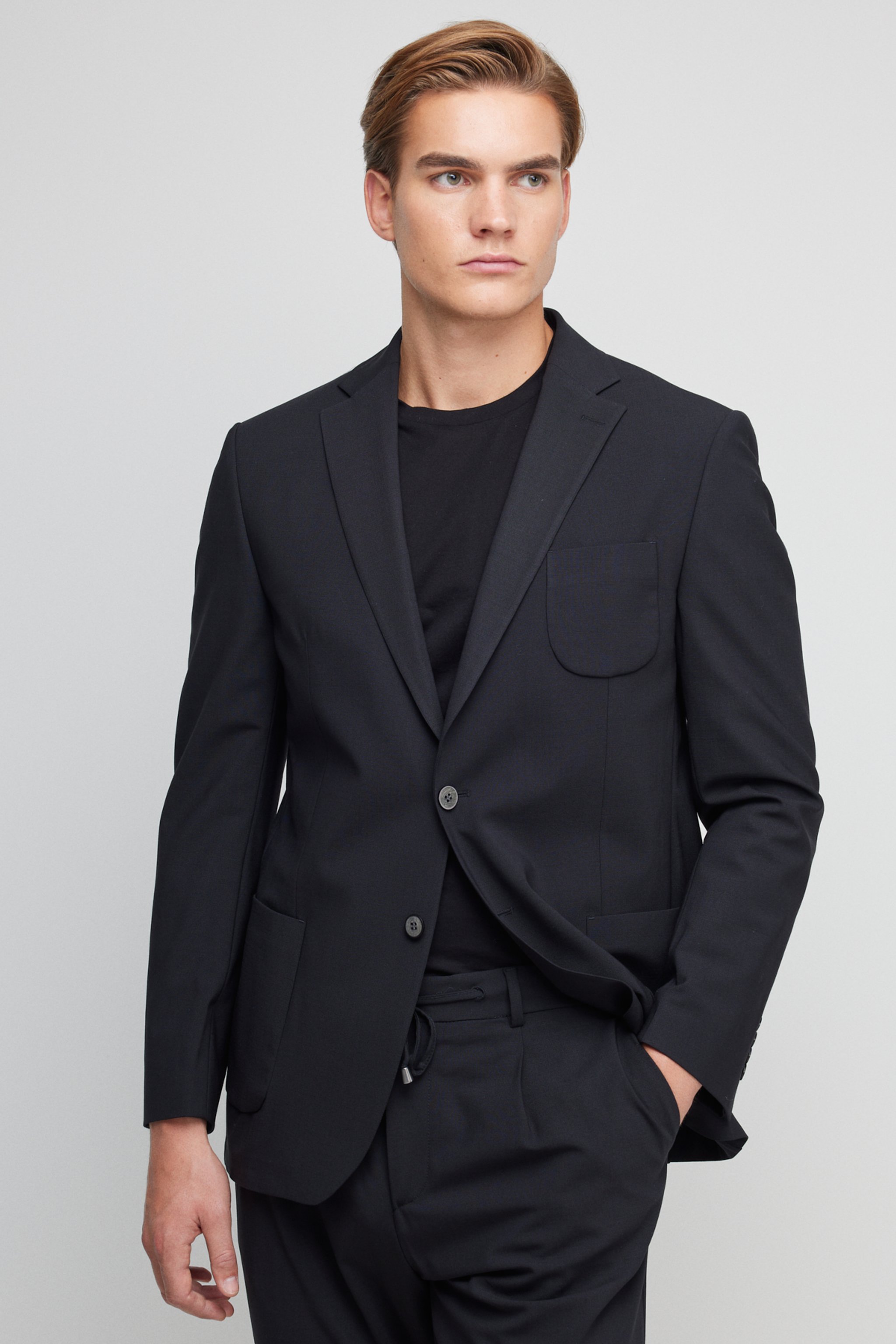 %100 Yün Slim Fit Mono Yaka Takım Elbise - Siyah