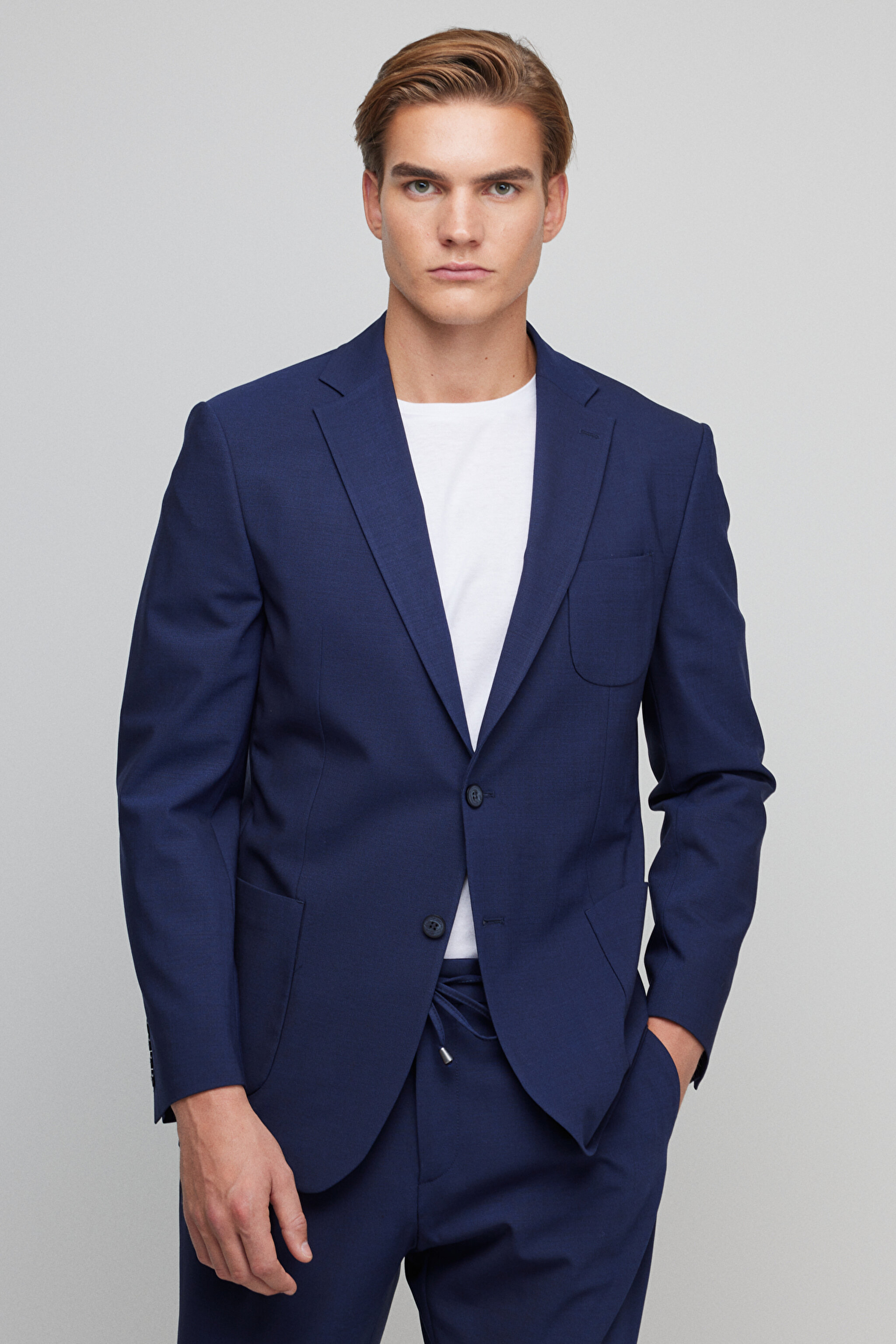 %100 Yün Slim Fit Mono Yaka Takım Elbise - Lacivert