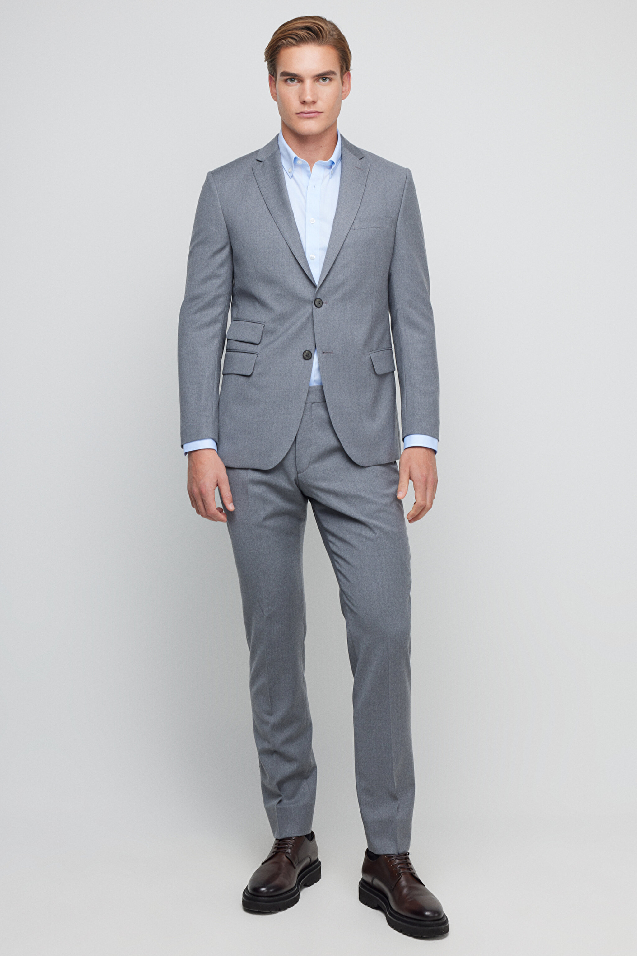 %100 Yün Slim Fit Mono Yaka Takım Elbise - Gri (görsel 3)