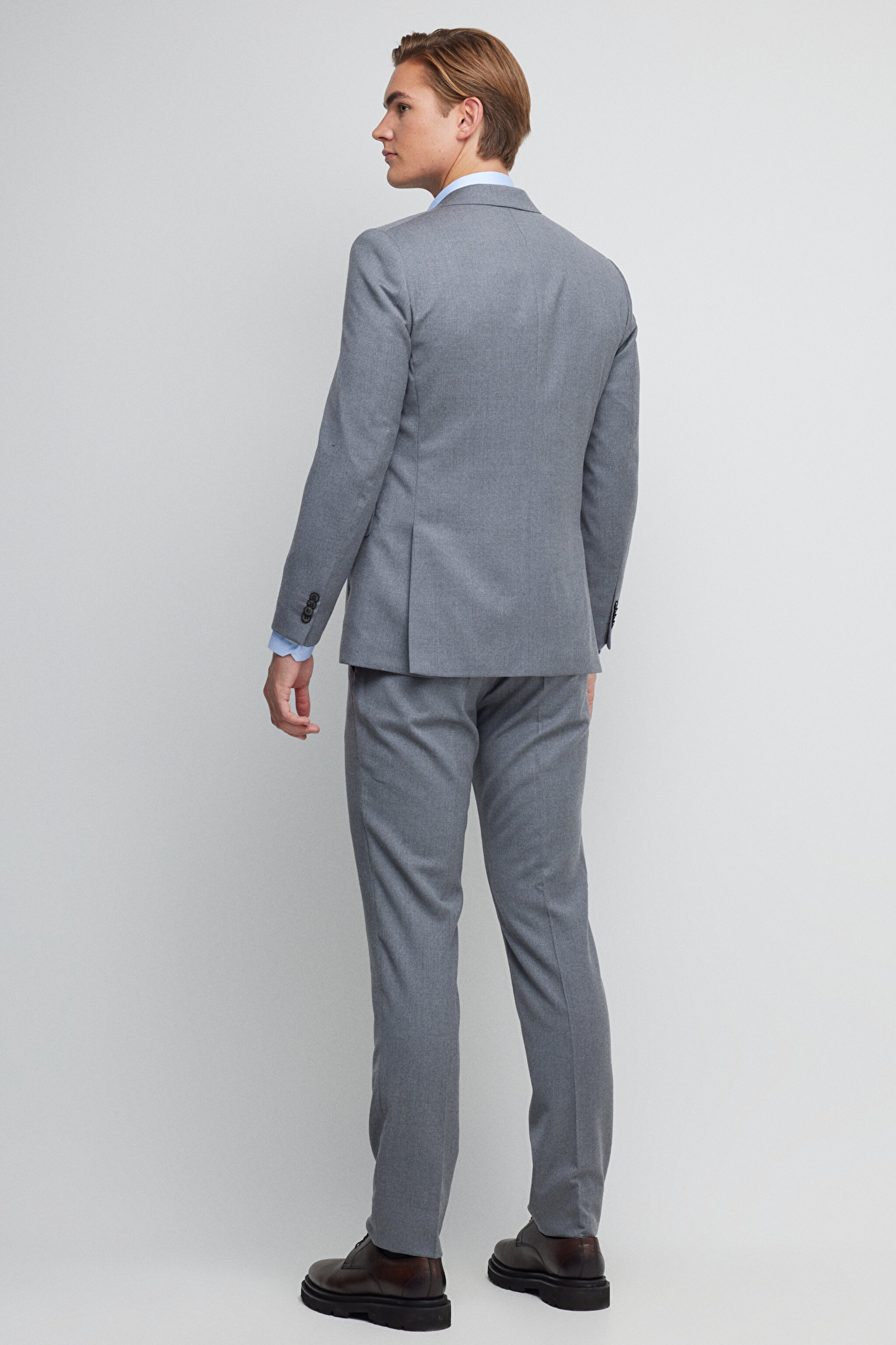 %100 Yün Slim Fit Mono Yaka Takım Elbise - Gri (görsel 5)