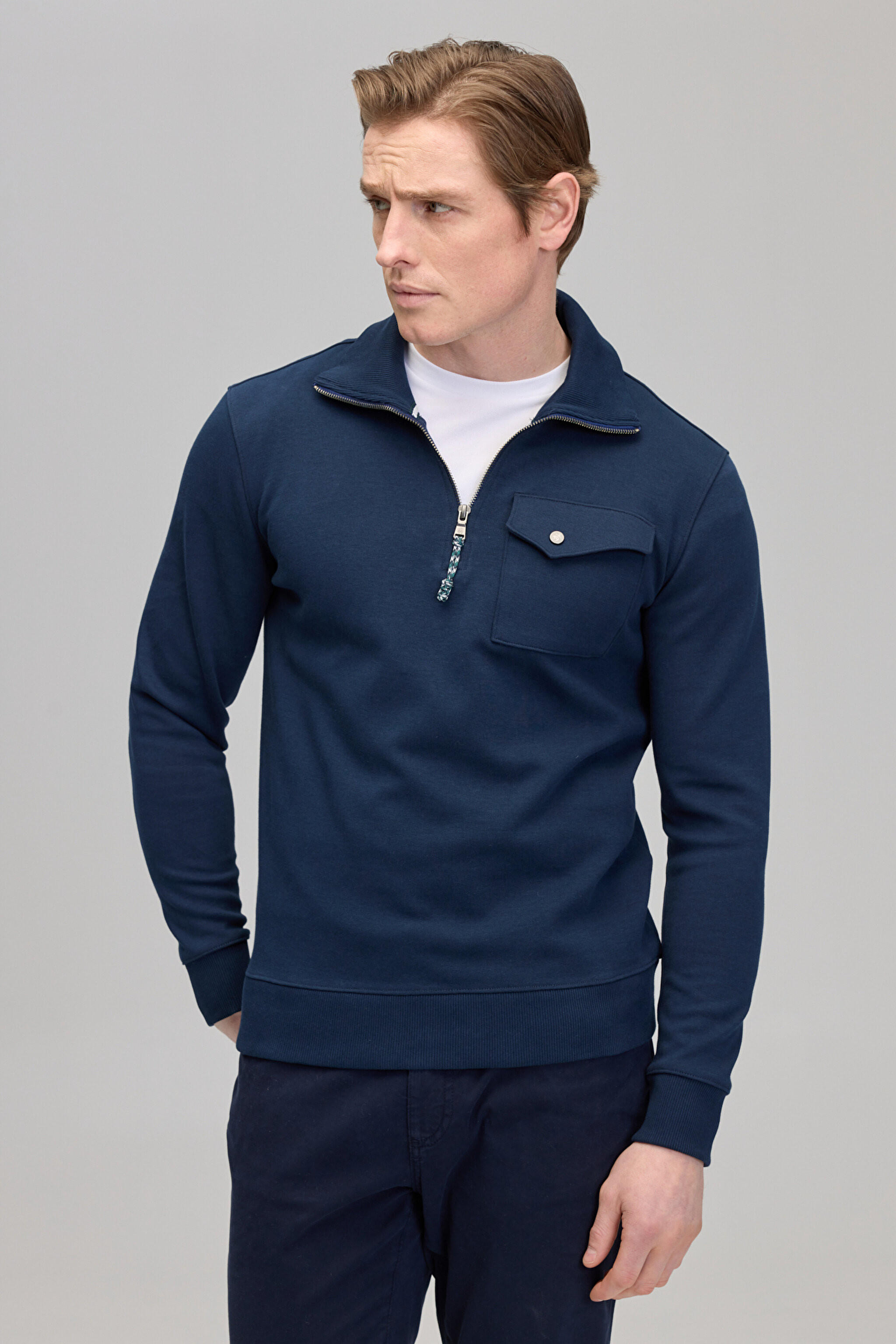 Fermuarlı Yaka Pamuklu Cepli Erkek Sweatshirt - Lacivert